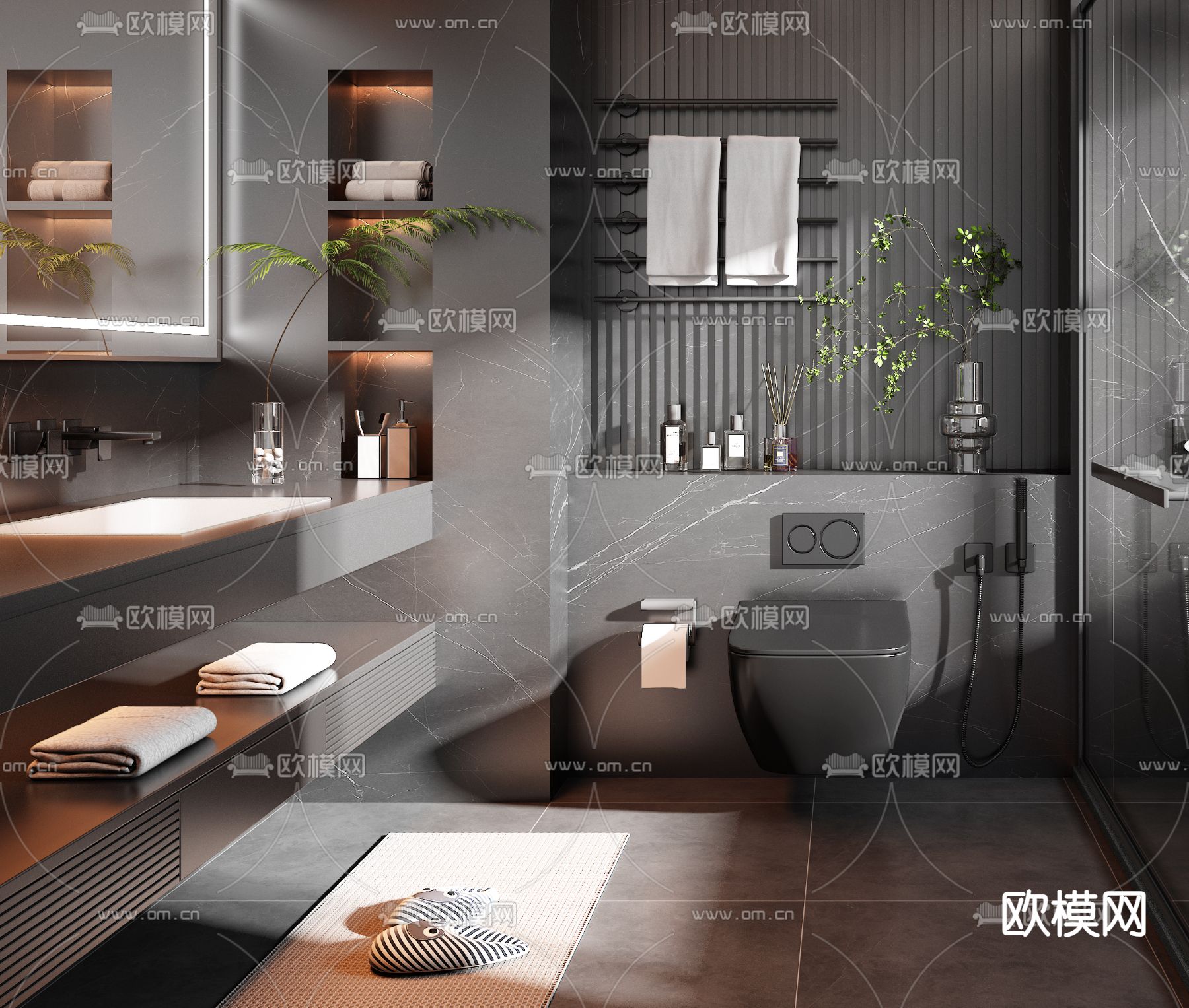 暗黑风卫生间 浴室 洗手间3d模型下载（渲染图2）