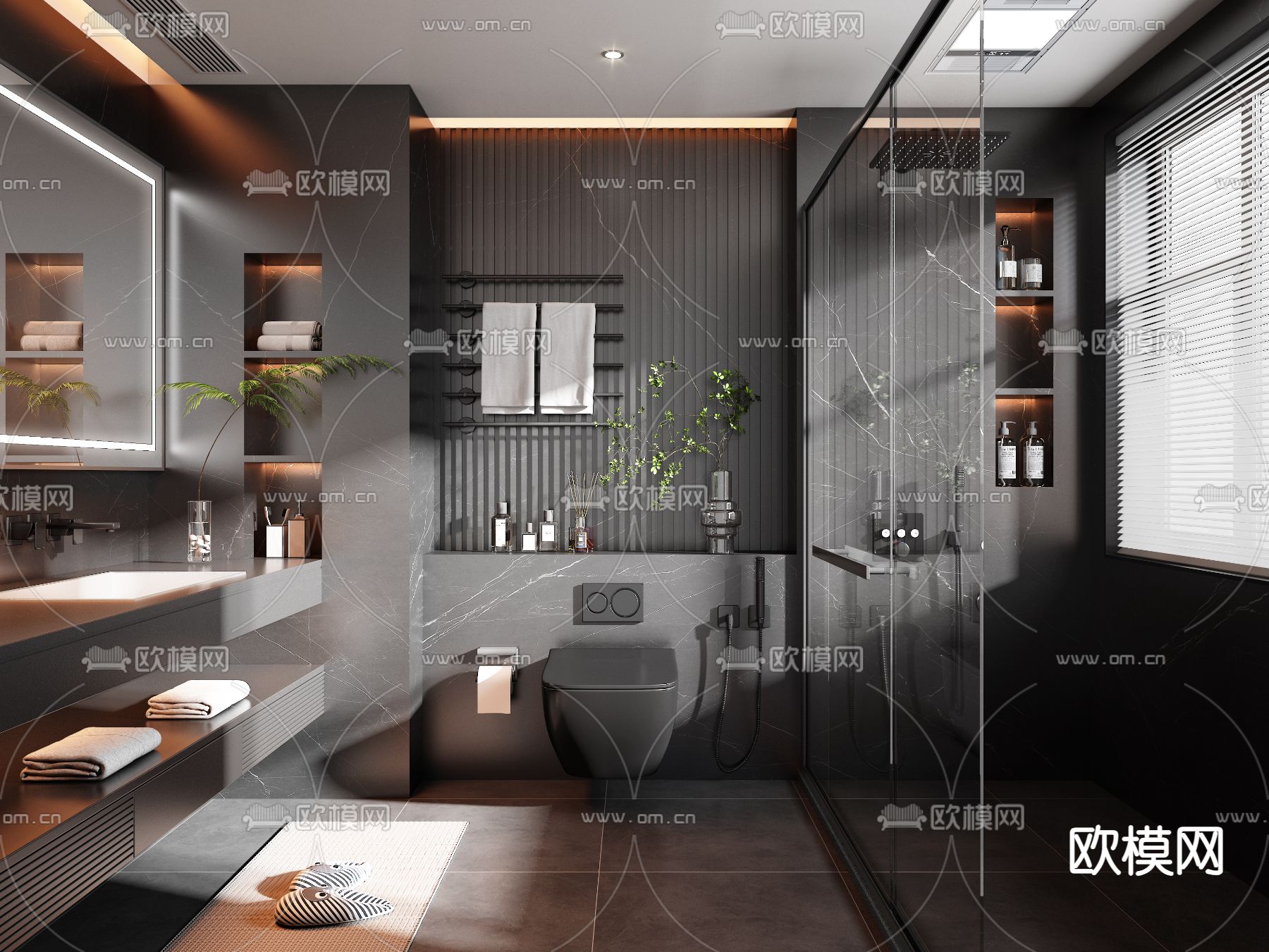 暗黑风卫生间 浴室 洗手间3d模型下载（渲染图1）