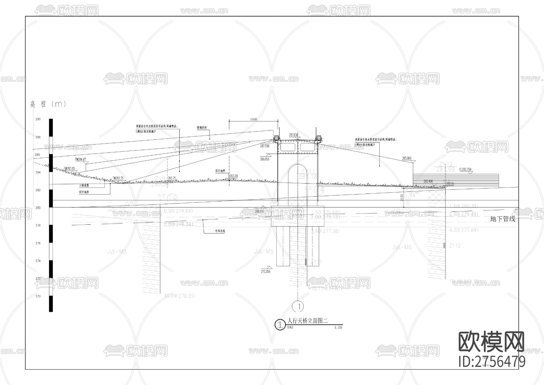 宏帆路花市位置人行天桥工程cad施工图下载（渲染图2）