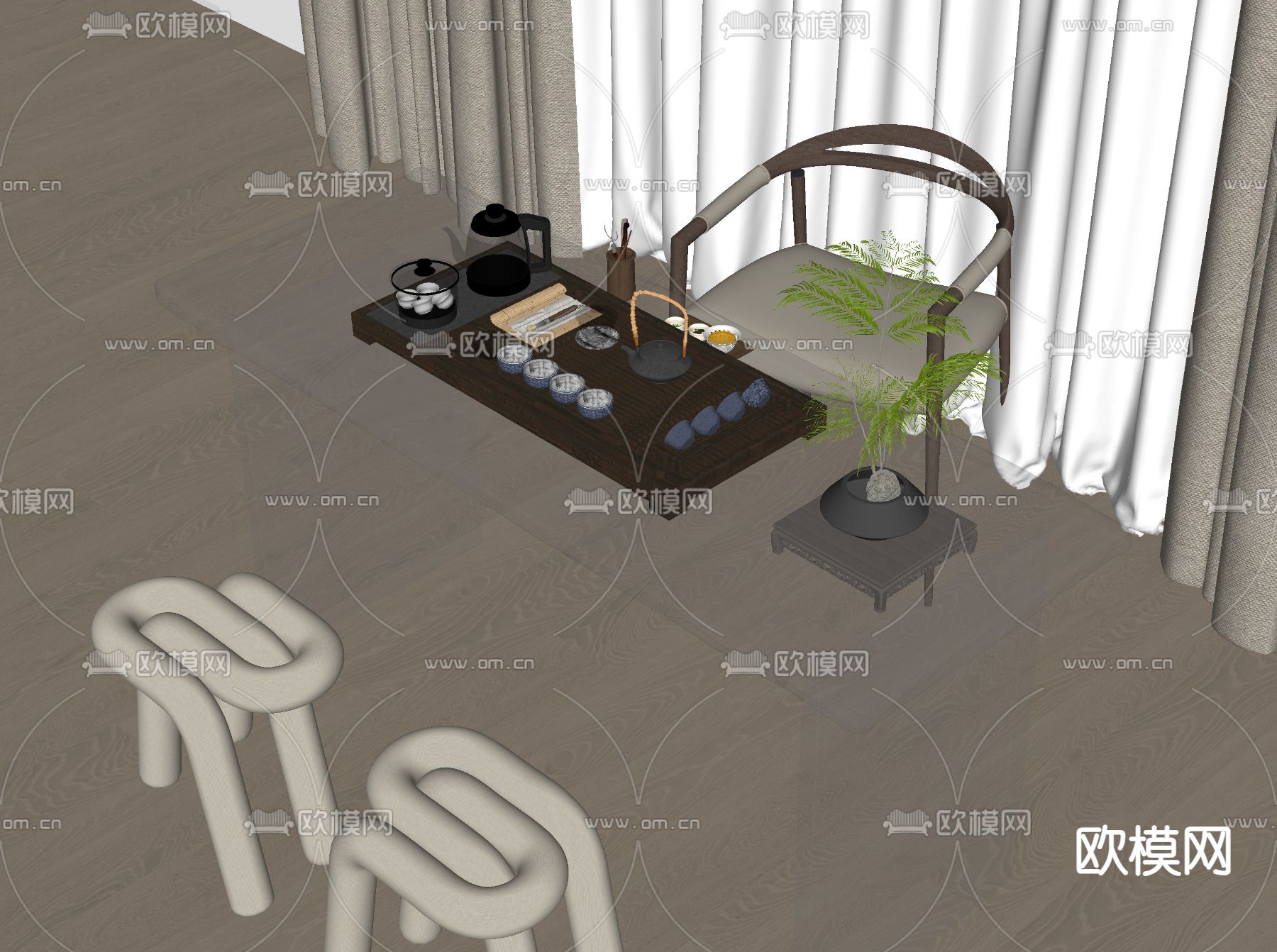 透明茶桌 茶台su模型下载（渲染图2）