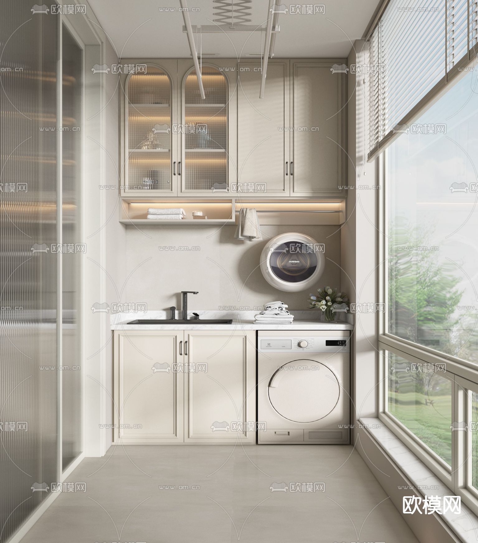 奶油风阳台 洗衣房3d模型下载