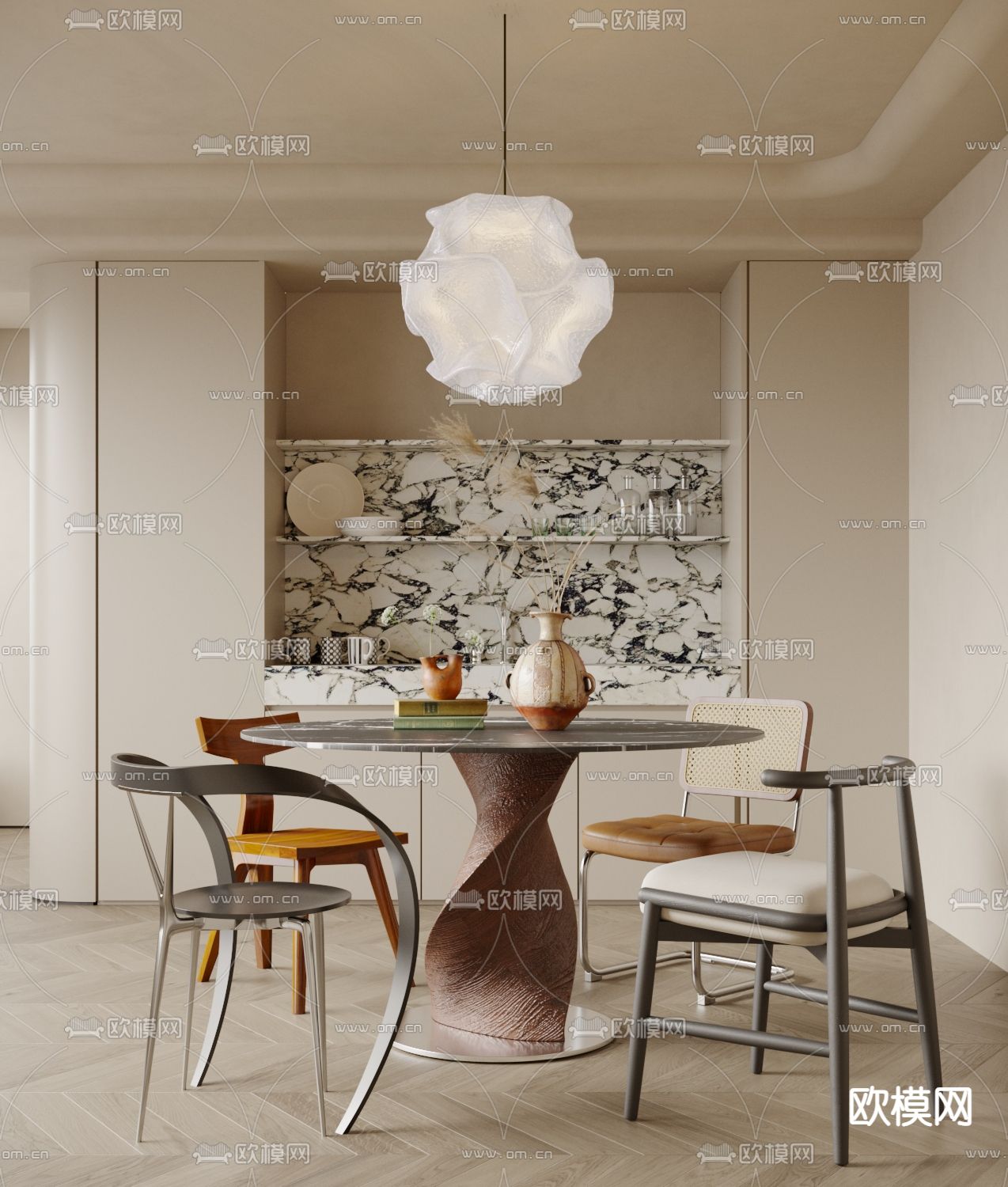 奶油风餐厅3d模型下载