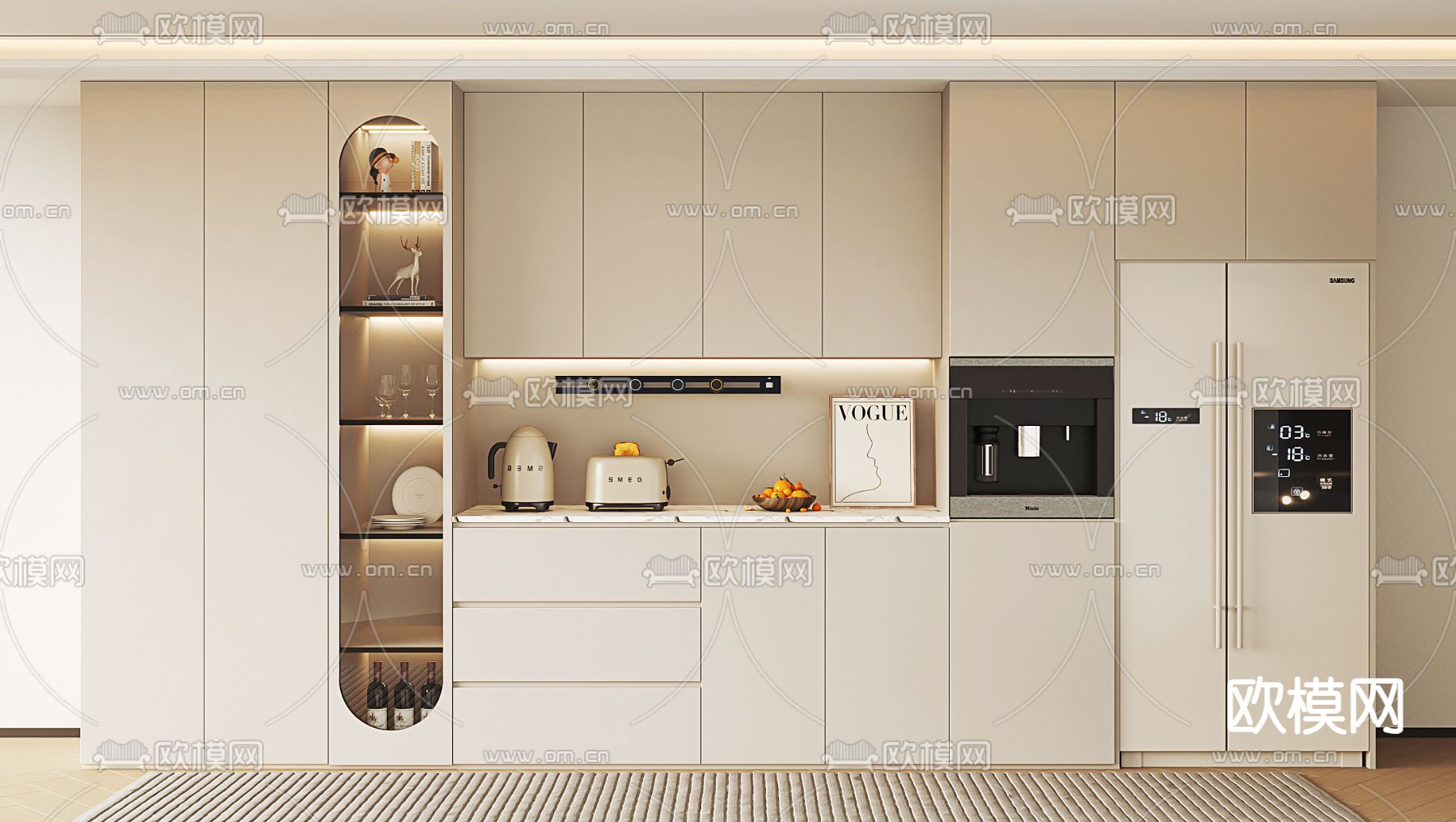 奶油风酒柜 边柜su模型下载（渲染图1）