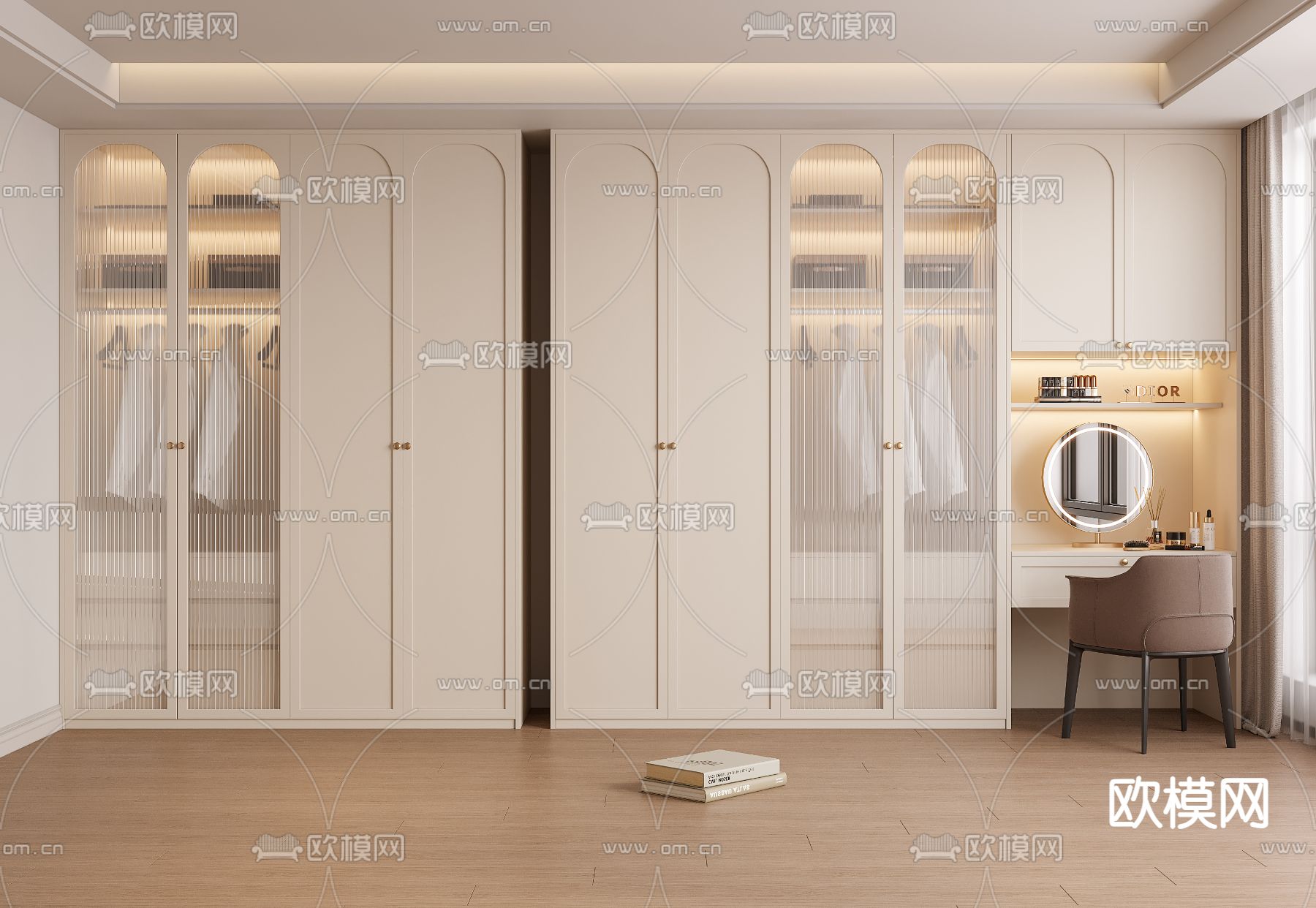 奶油风衣柜su模型下载（渲染图1）