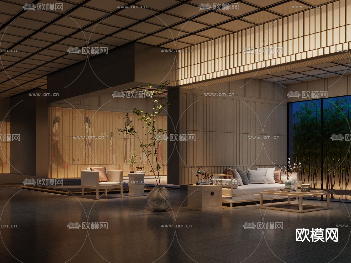新中式休息室su模型下载（渲染图1）