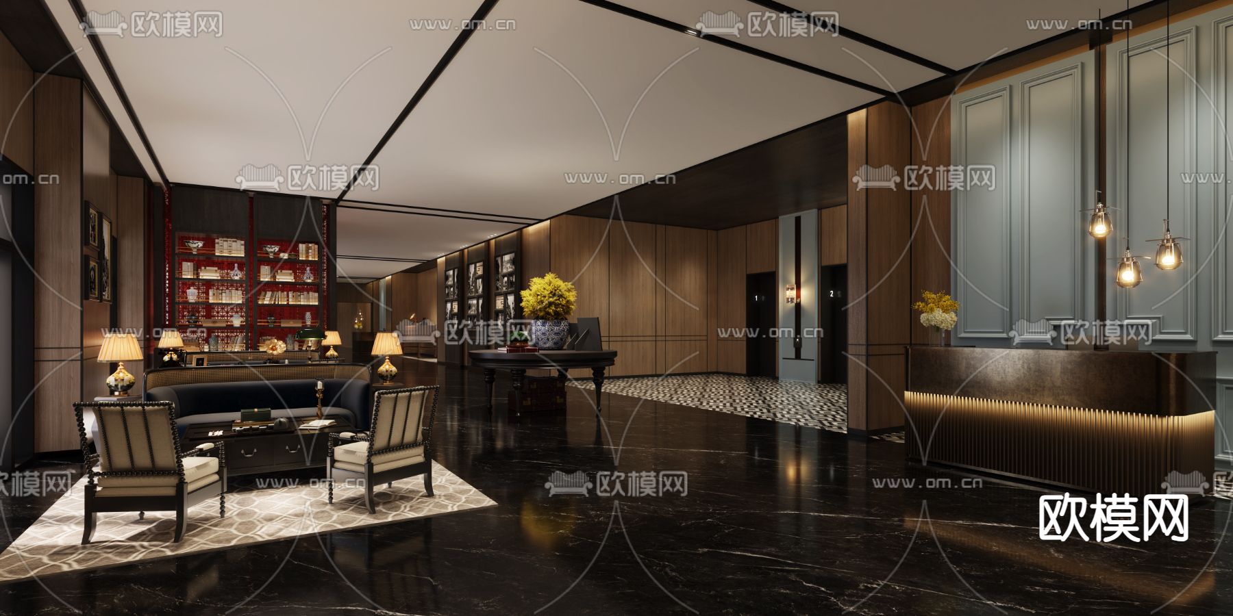美式酒店大堂 大厅su模型下载（渲染图1）