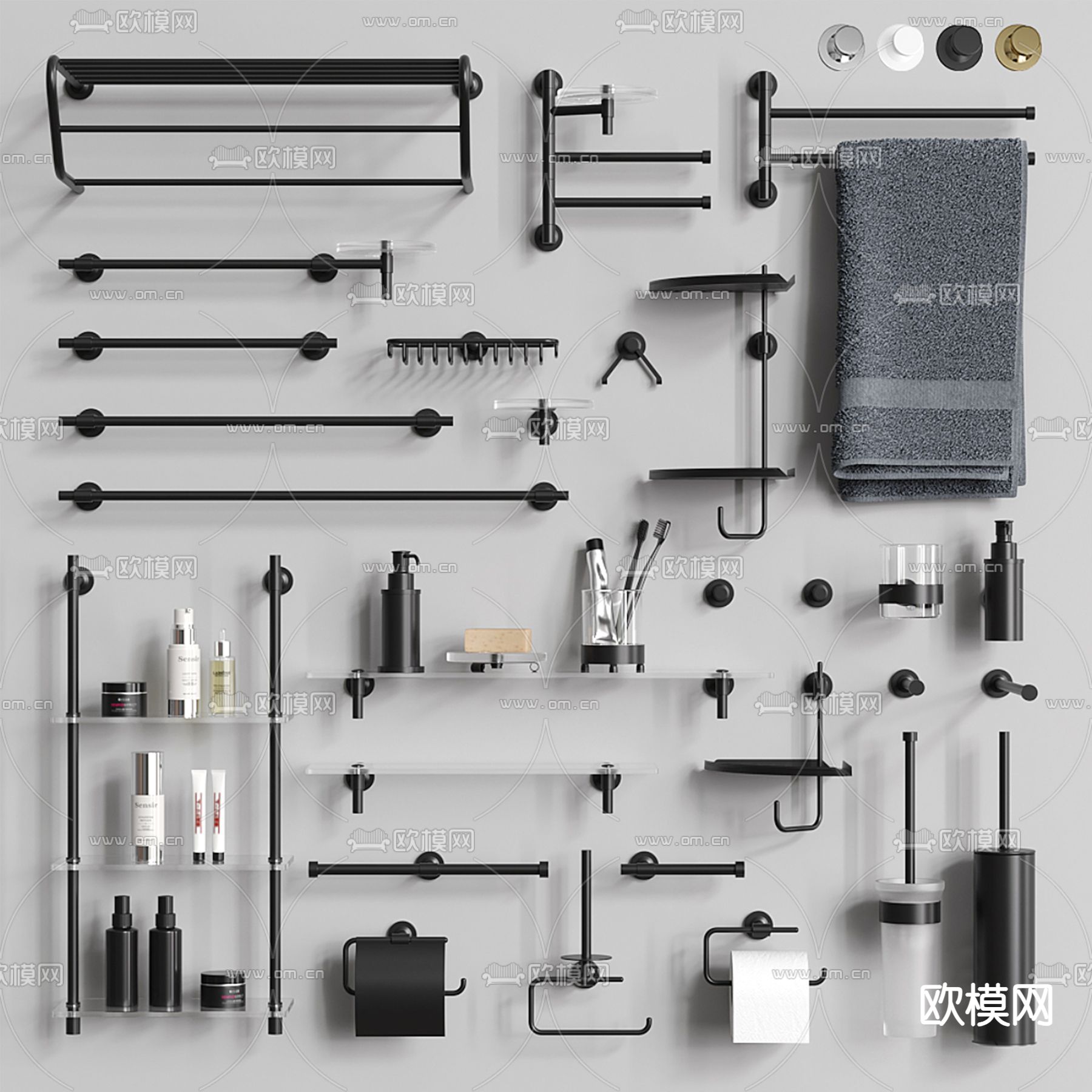卫浴五金 毛巾架 纸巾架 马桶刷3d模型下载（渲染图1）