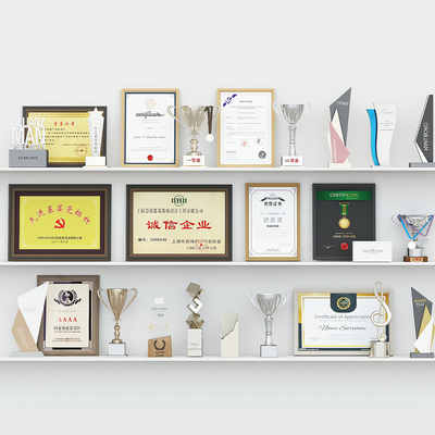  现代奖牌 奖杯 荣誉证书su模型 