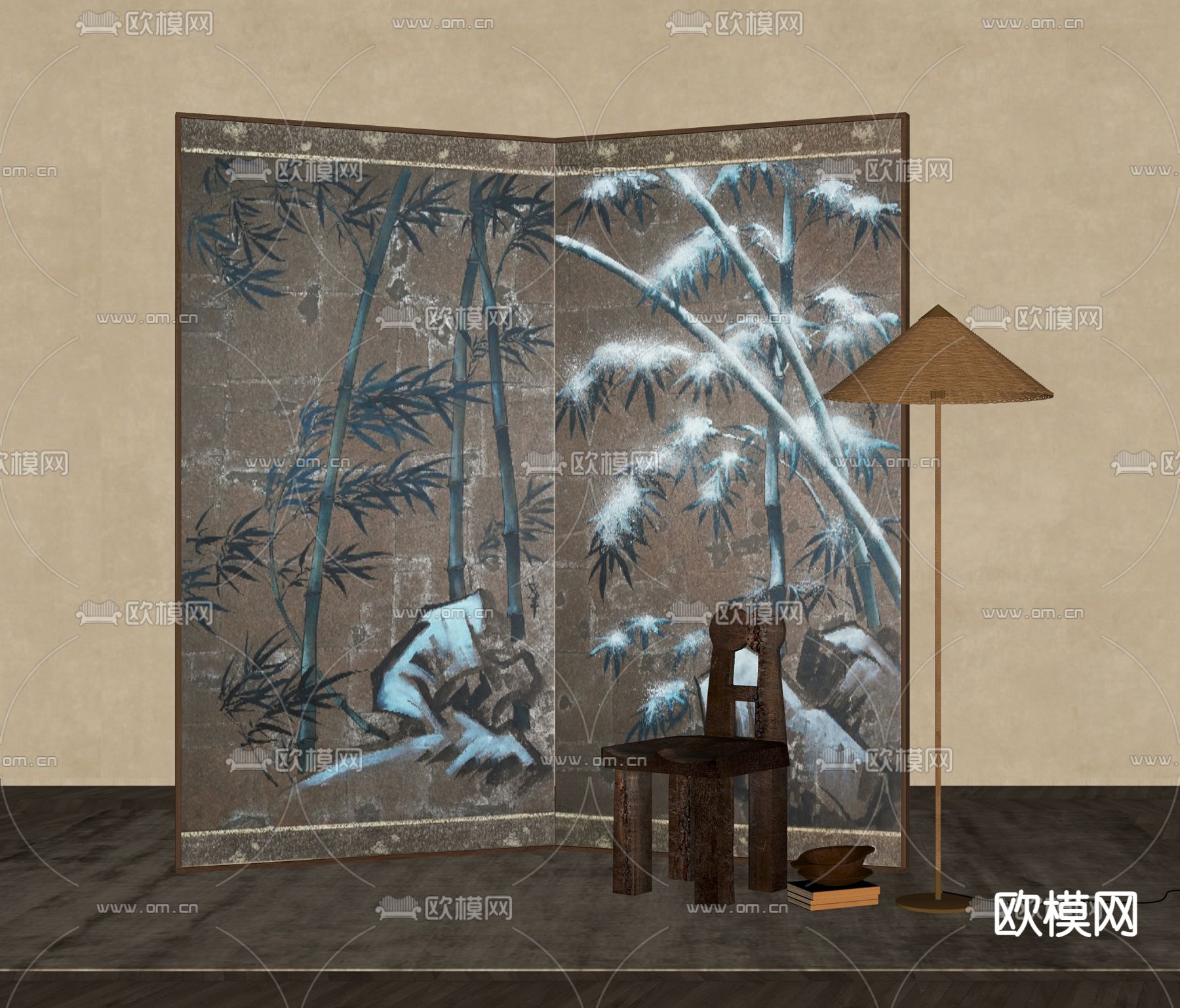 新中式屏风 隔断su模型下载（渲染图2）