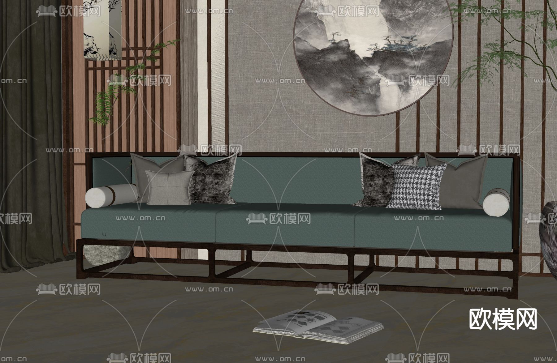 新中式多人沙发su模型下载（渲染图2）