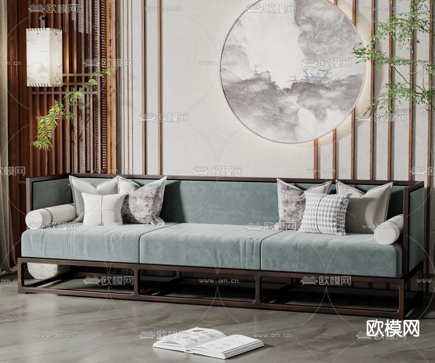 新中式多人沙发su模型下载（渲染图1）
