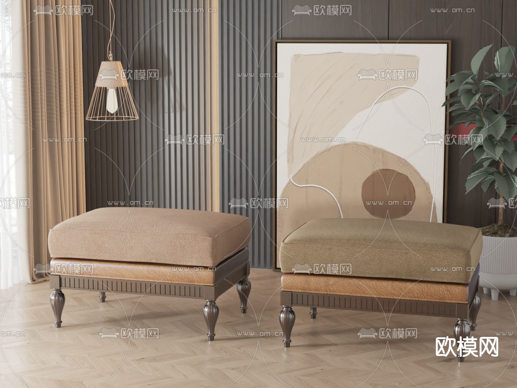 美式凳子 沙发凳 矮凳 换鞋凳3d模型下载