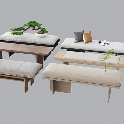  新中式床尾凳 脚踏su模型 