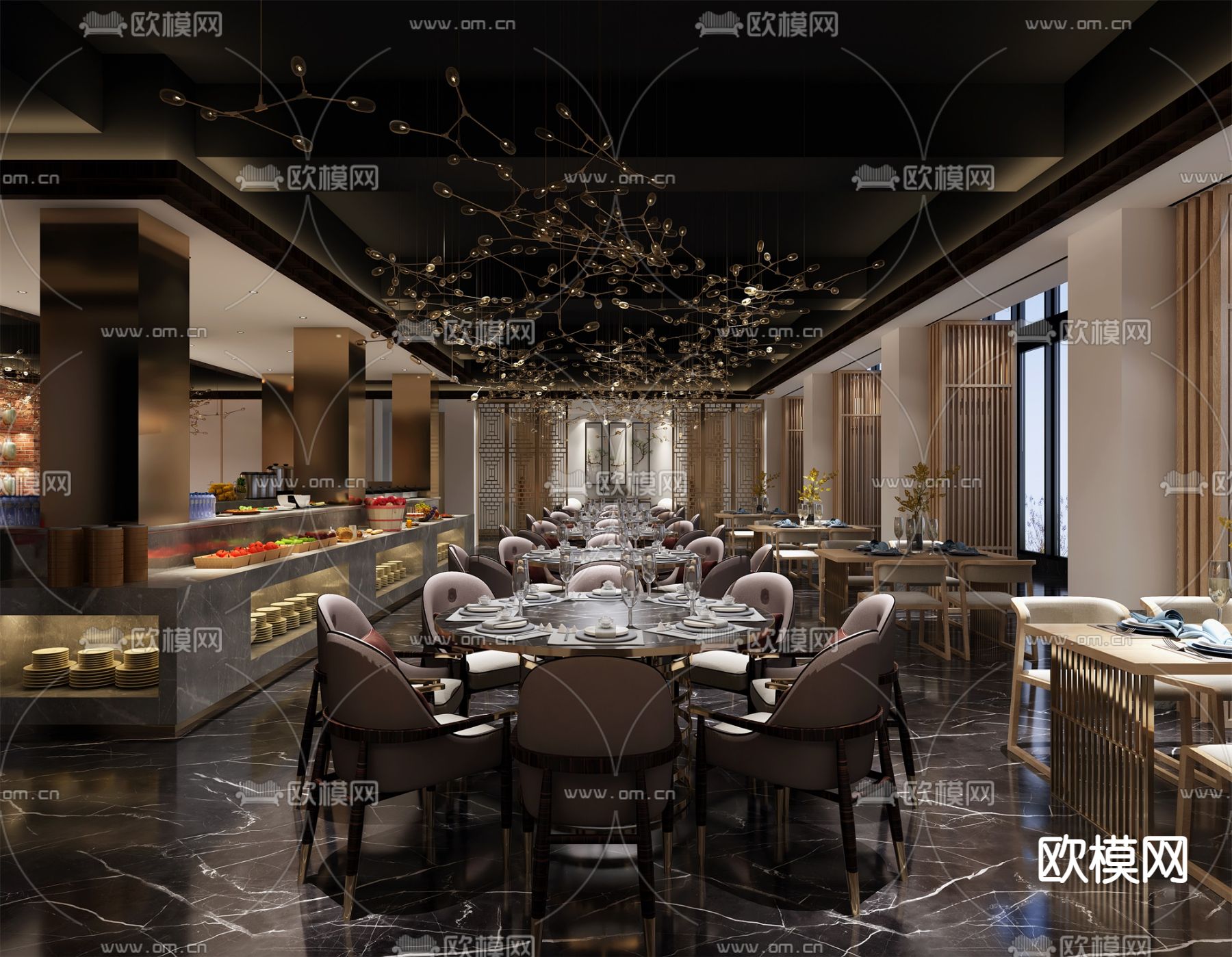 自助餐厅 酒店餐厅su模型下载（渲染图1）