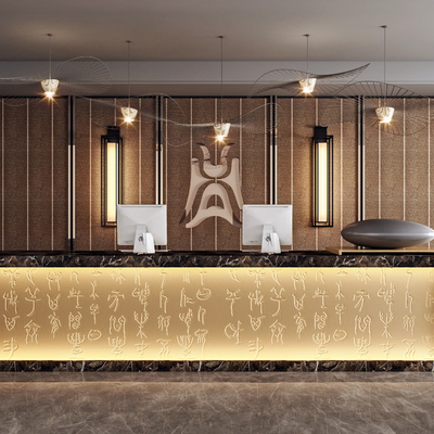  新中式酒店前台su模型 