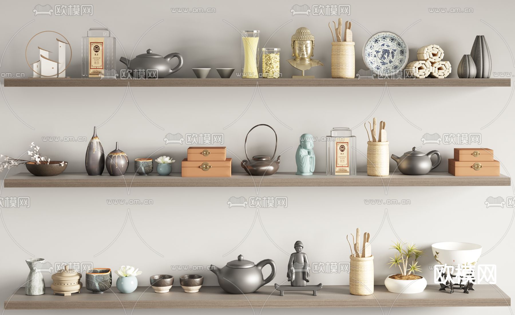 新中式茶具 茶饼 茶壶su模型下载（渲染图1）