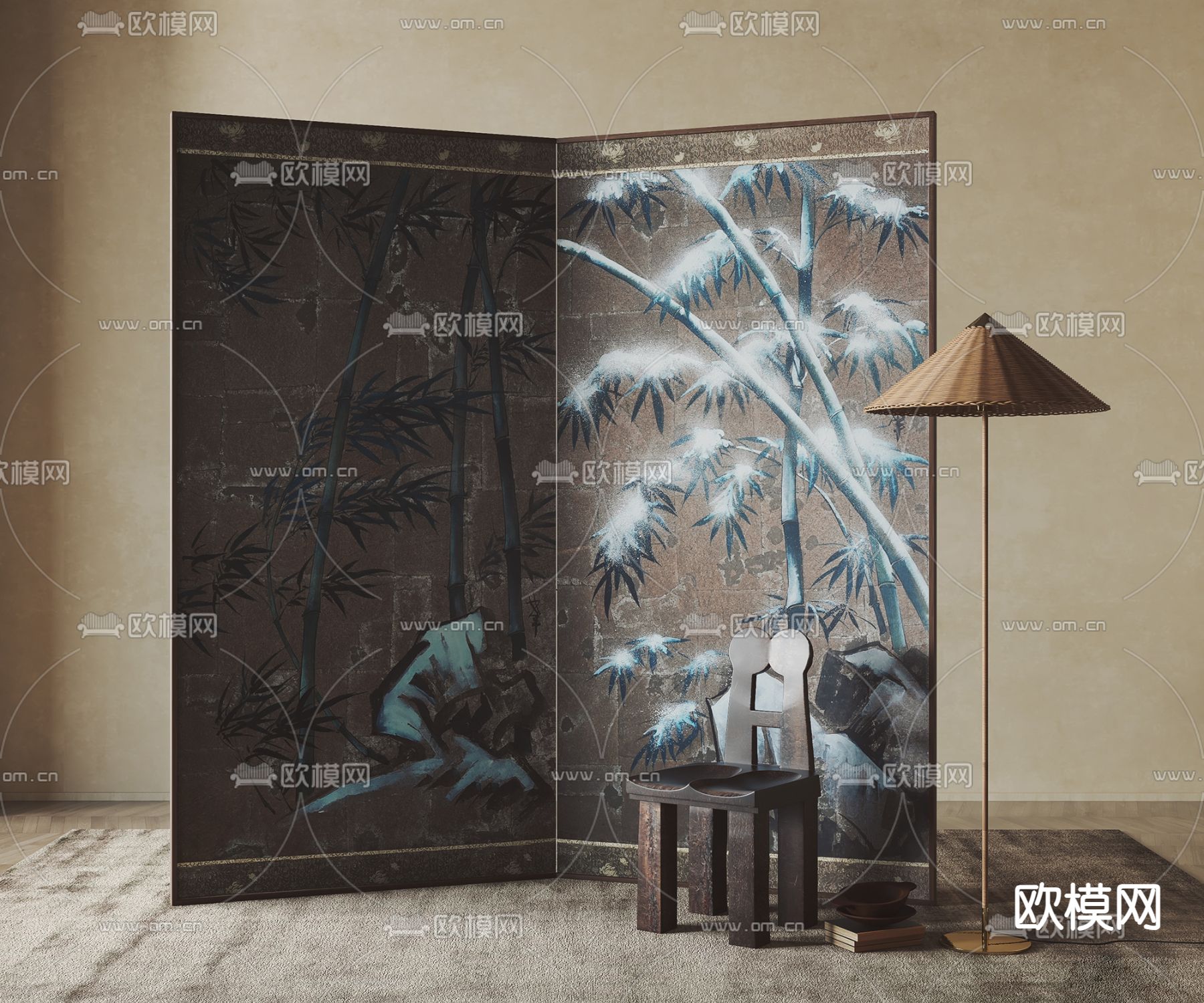 新中式屏风 隔断su模型下载（渲染图1）