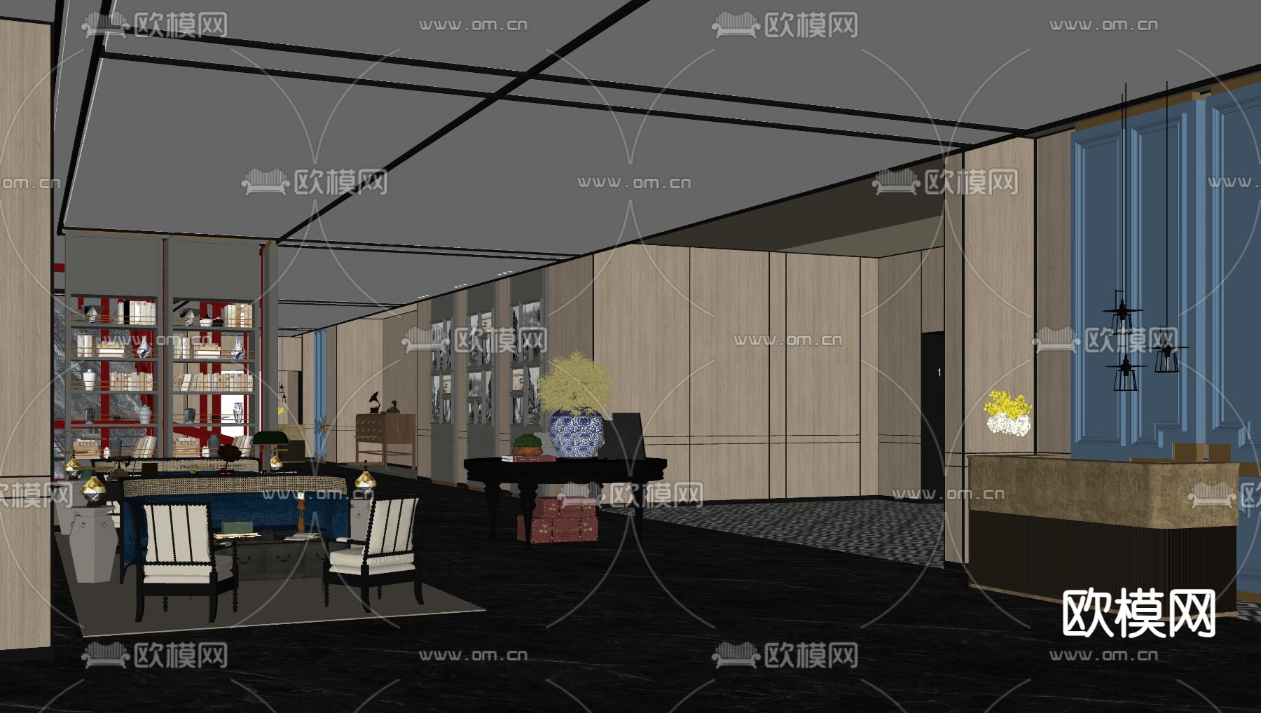 美式酒店大堂 大厅su模型下载（渲染图2）