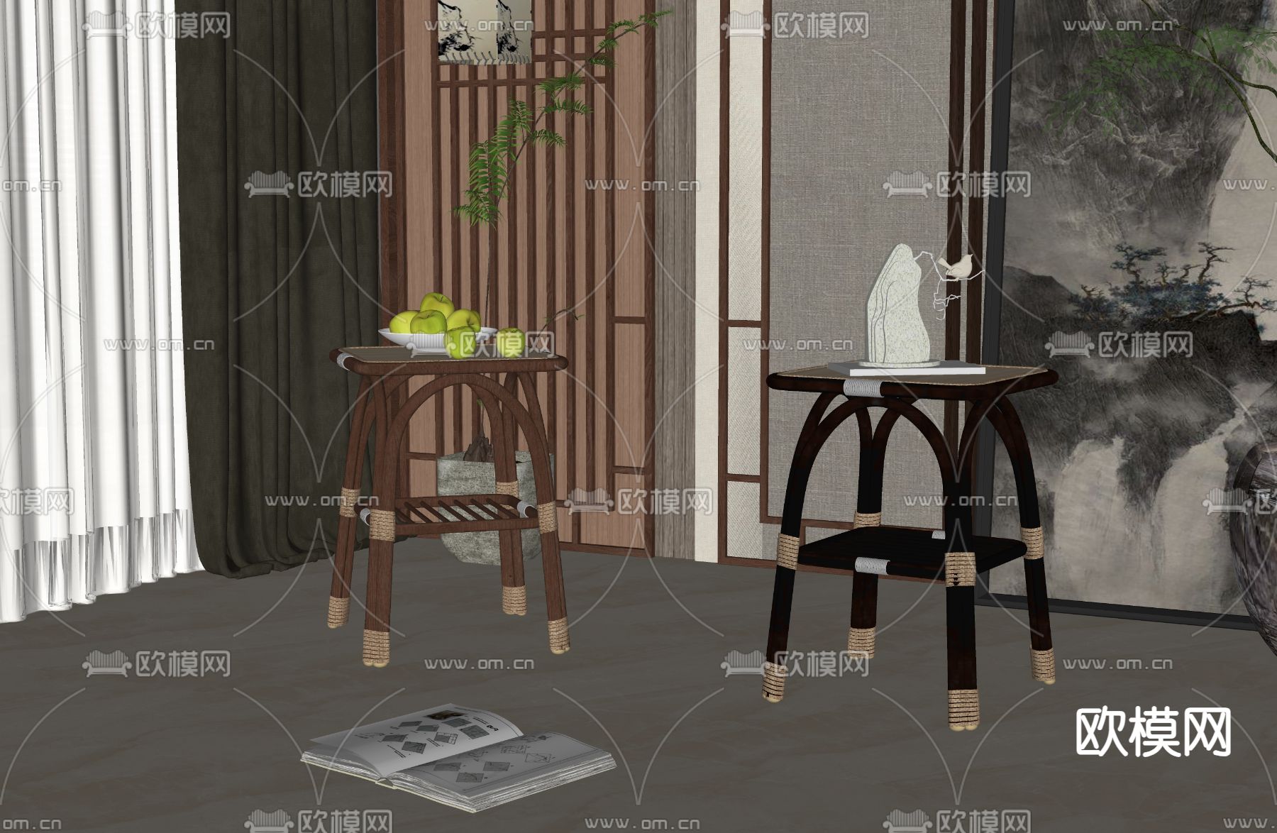 简欧边几 圆几 角几su模型下载（渲染图2）