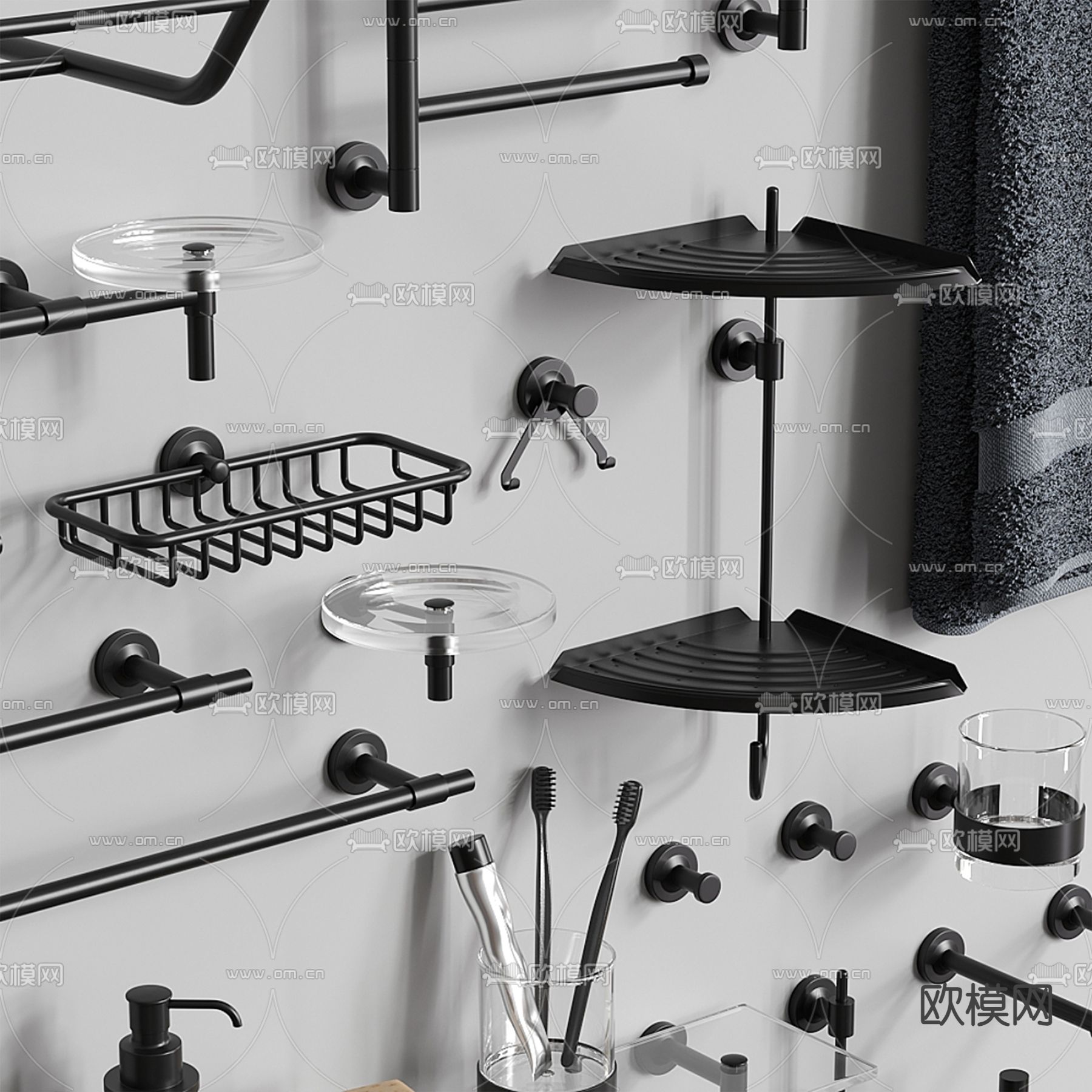 卫浴五金 毛巾架 纸巾架 马桶刷3d模型下载（渲染图2）