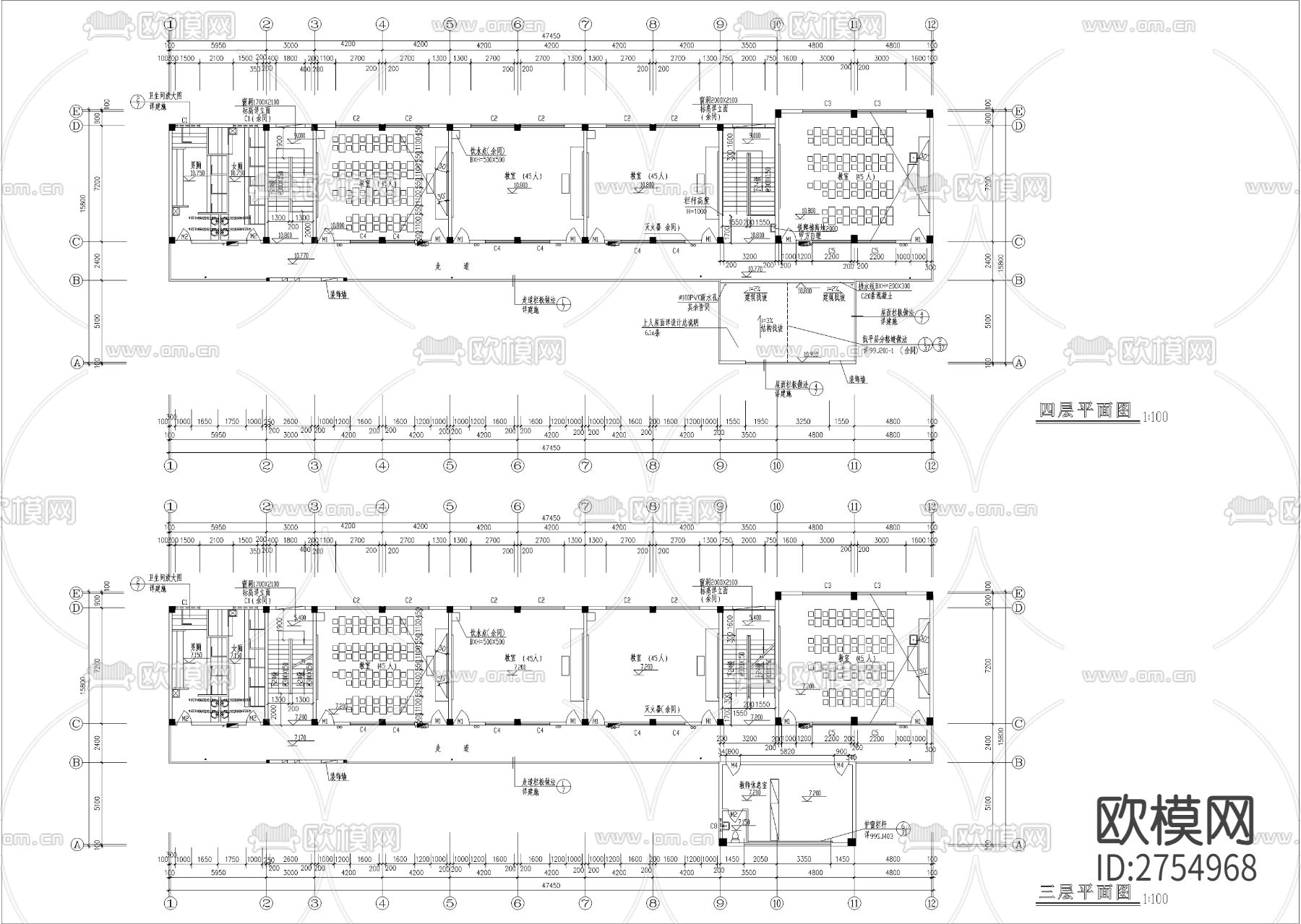 小学四层教学楼建筑CAD施工图下载（渲染图4）