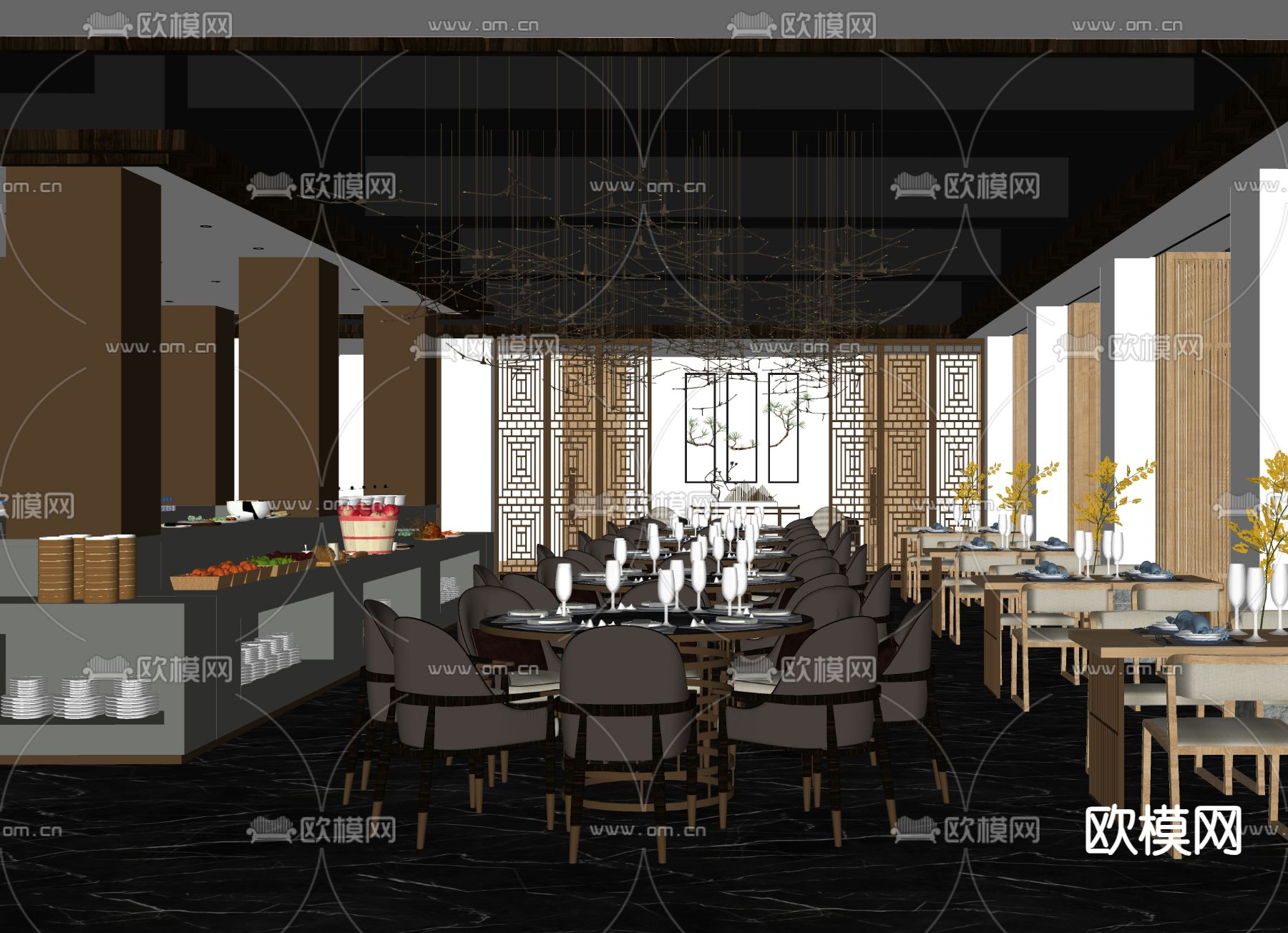 自助餐厅 酒店餐厅su模型下载（渲染图2）