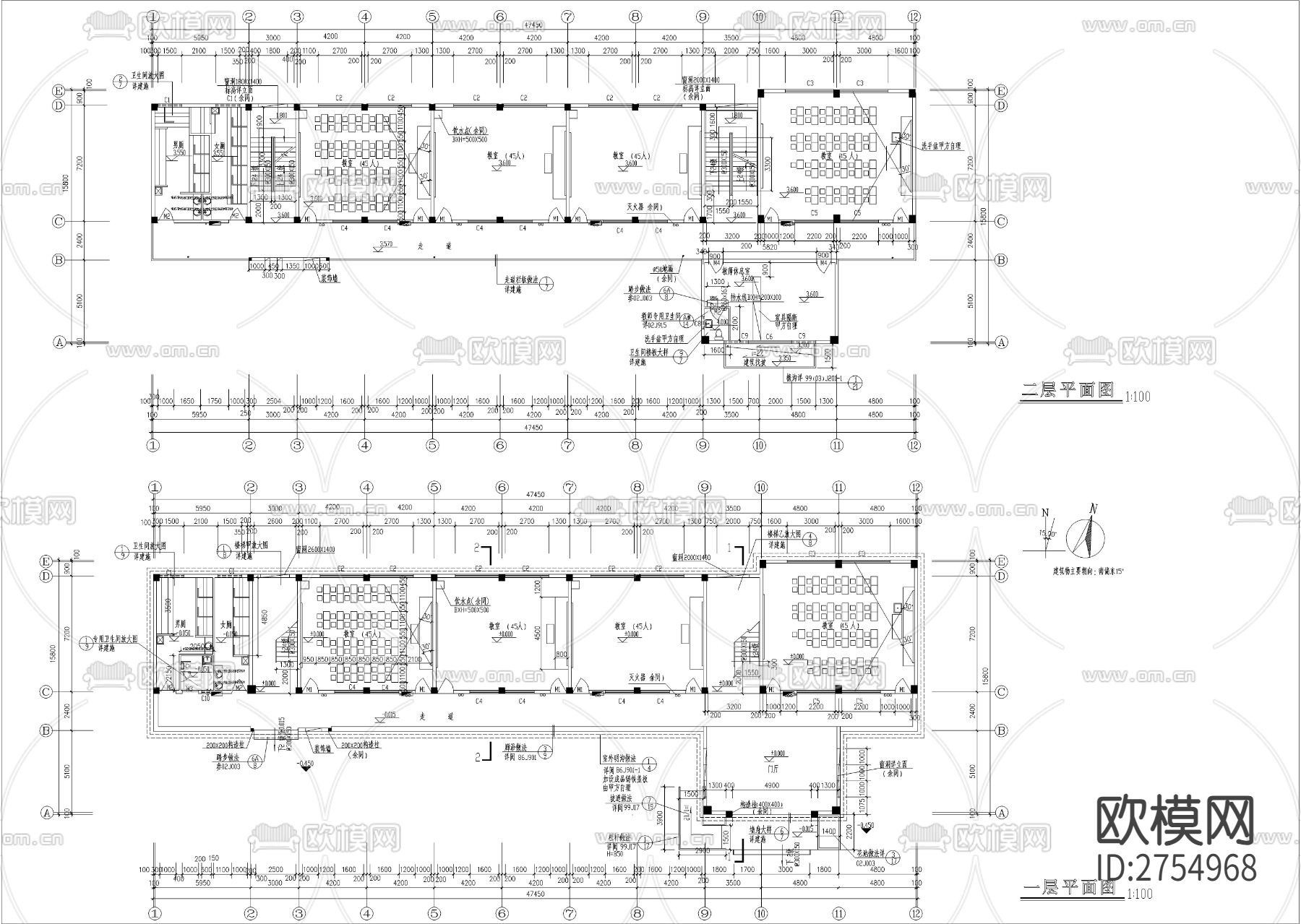 小学四层教学楼建筑CAD施工图下载（渲染图2）