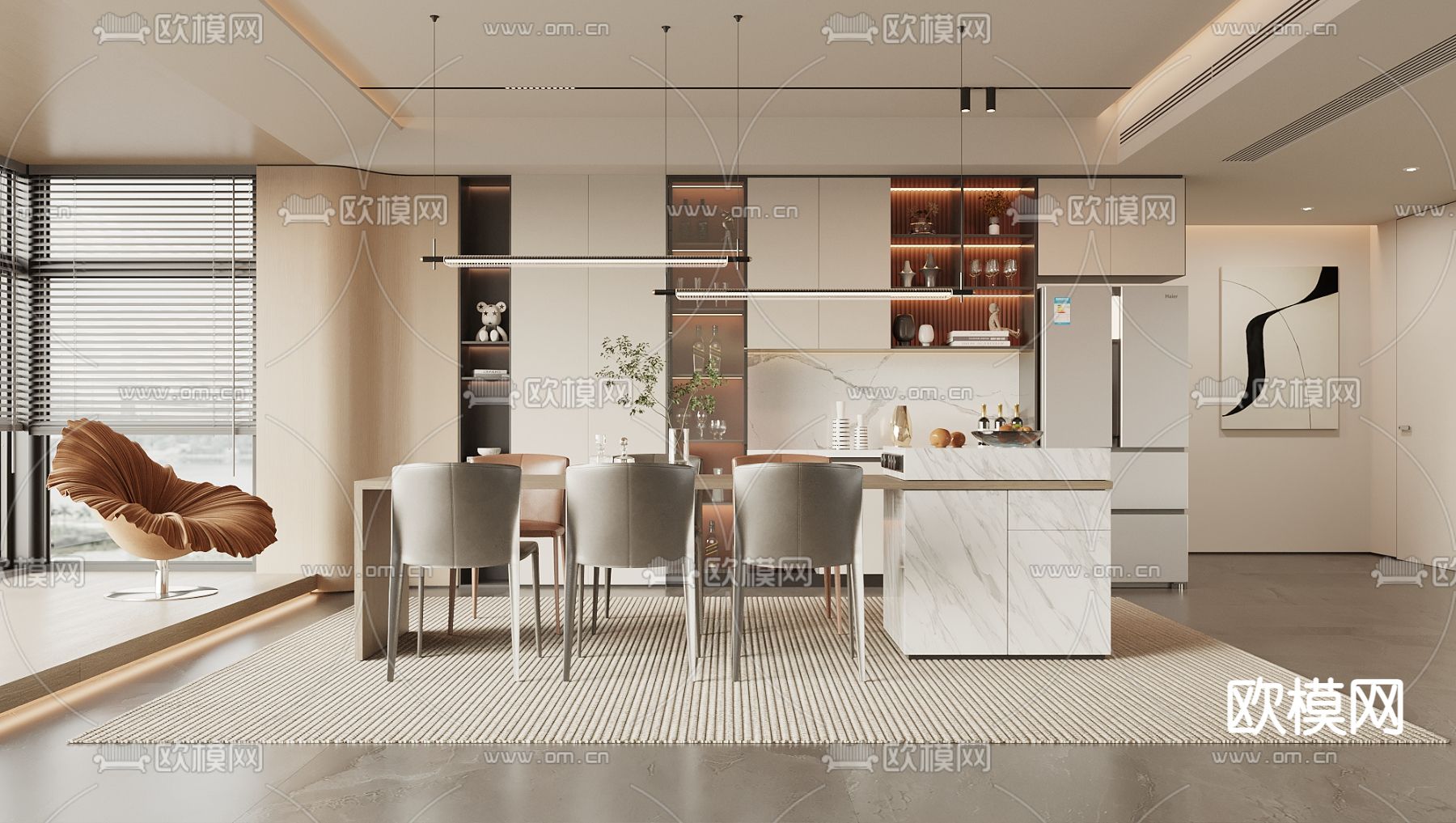 奶油风餐厅3d模型下载