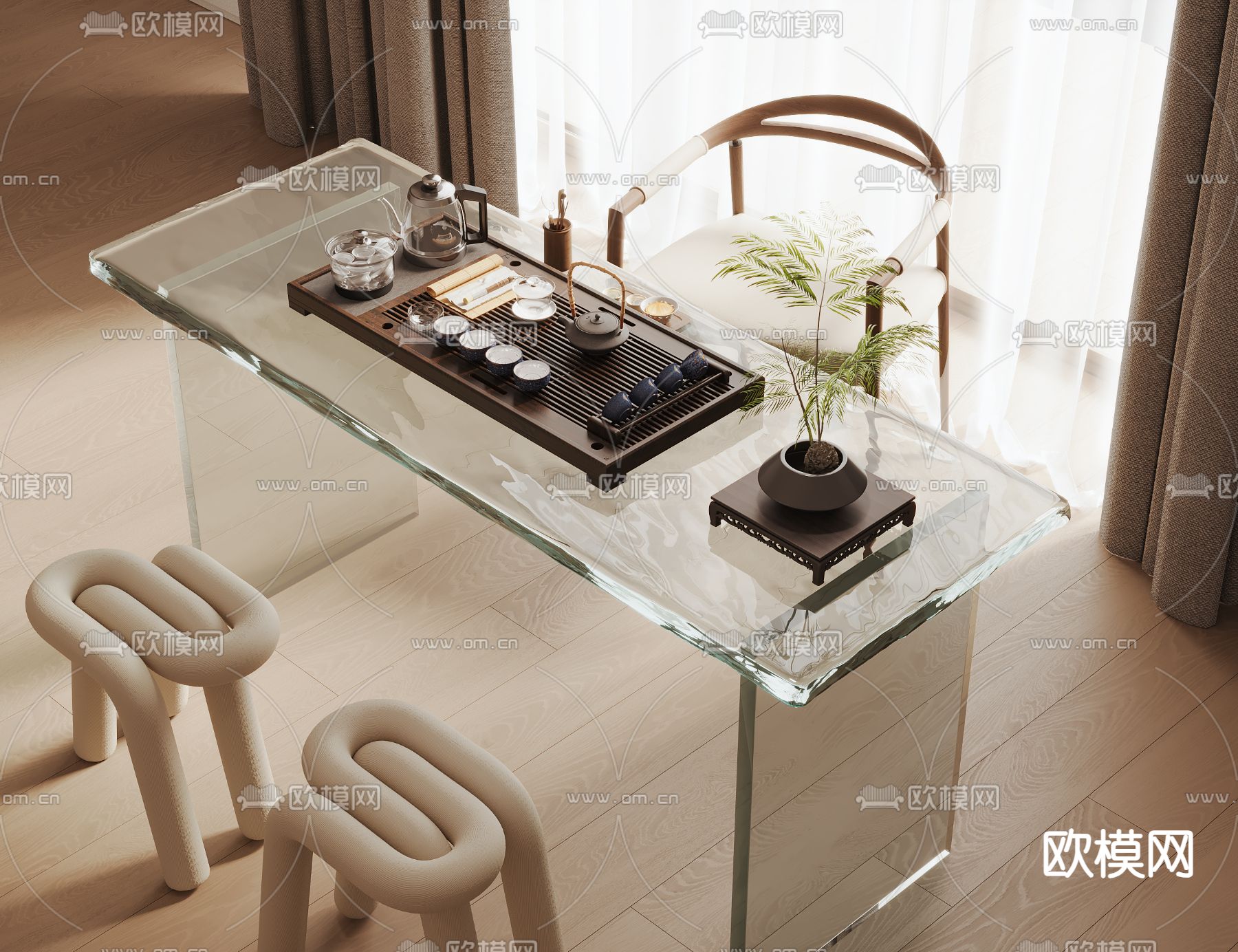 透明茶桌 茶台su模型下载（渲染图1）
