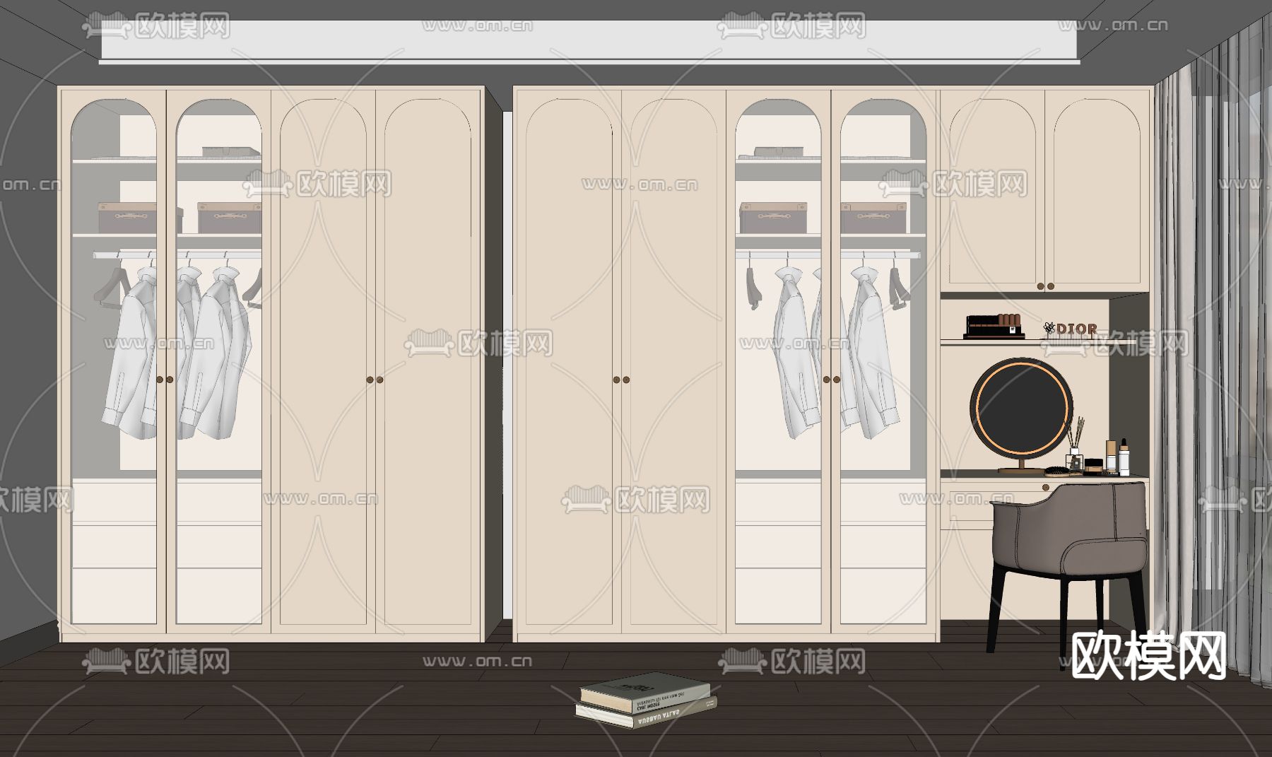 奶油风衣柜su模型下载（渲染图2）