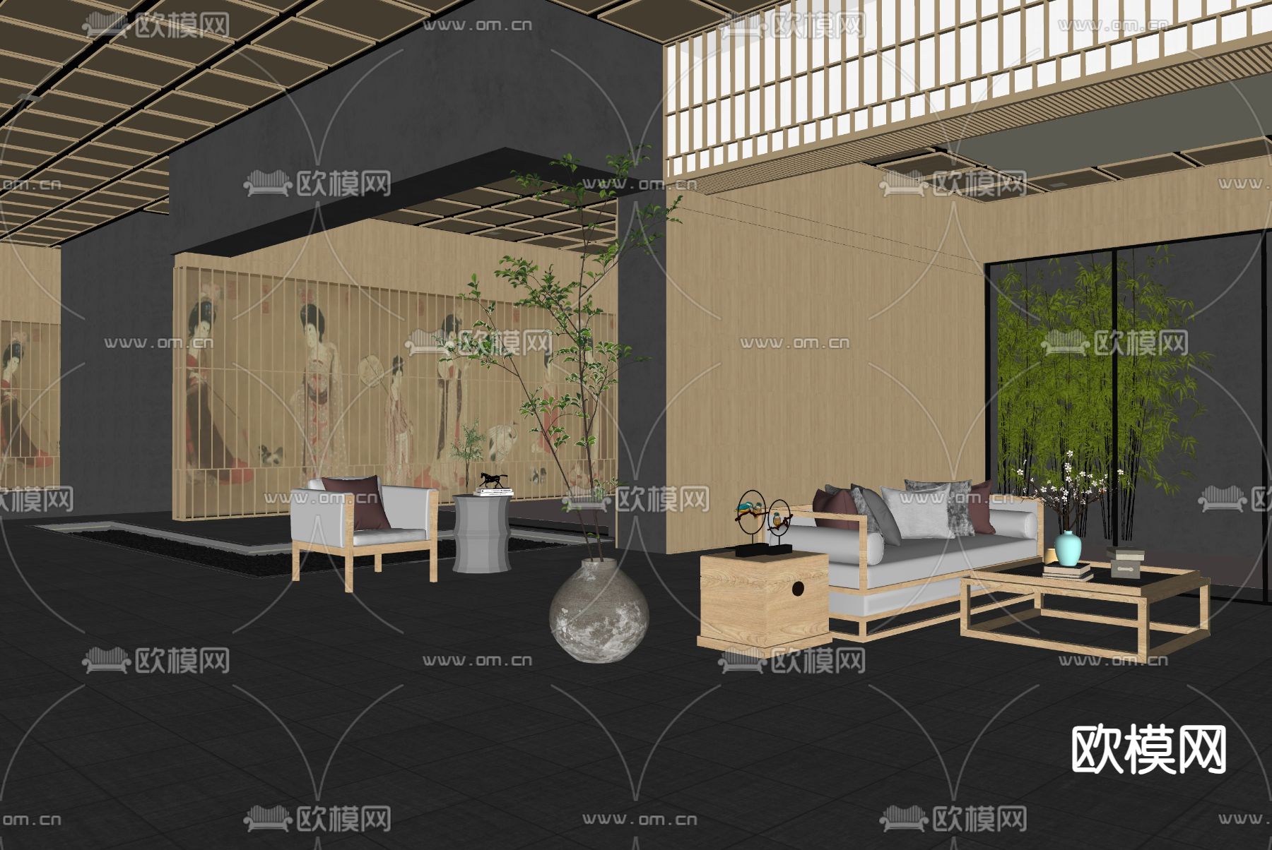 新中式休息室su模型下载（渲染图2）