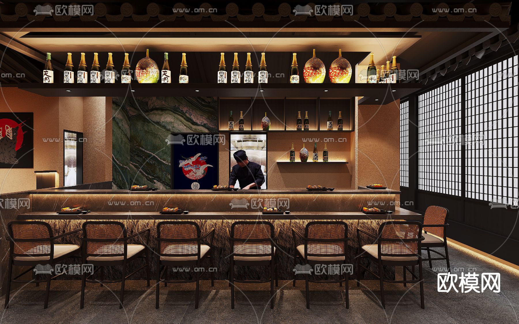 侘寂日料店3d模型下载（渲染图1）