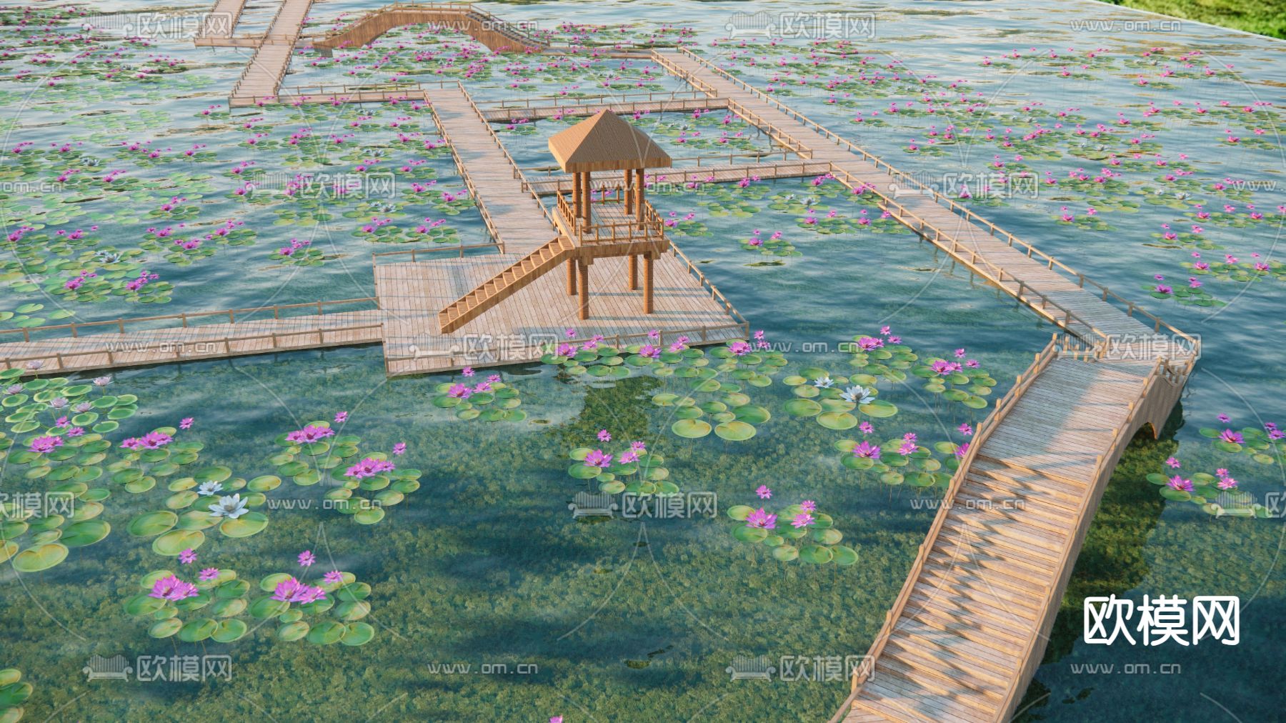 中式滨水栈道 荷花塘 荷花池su模型下载（渲染图1）