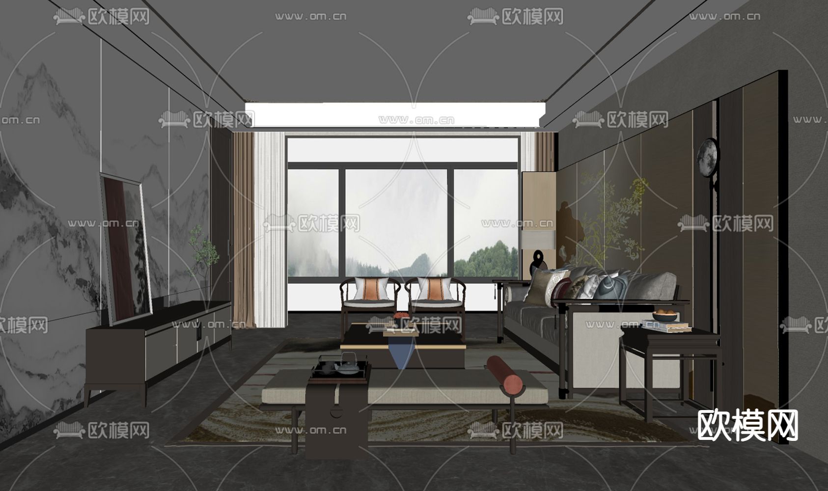 新中式客餐厅su模型下载（渲染图2）