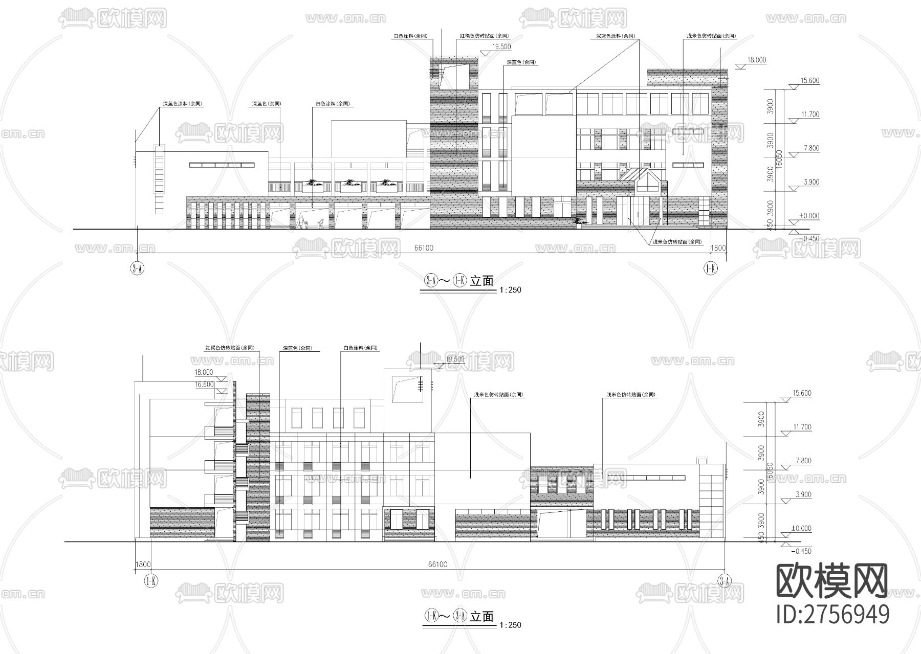 合院型小学教学楼加风雨操场建筑CAD施工图下载（渲染图2）