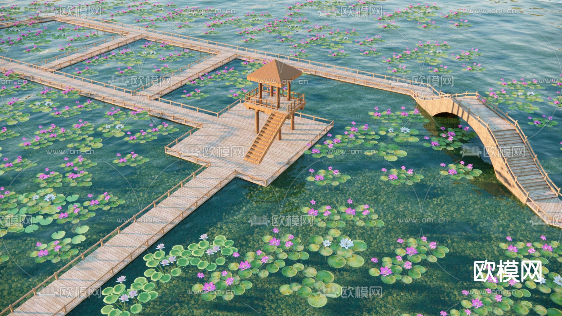 中式滨水栈道 荷花塘 荷花池su模型下载（渲染图2）