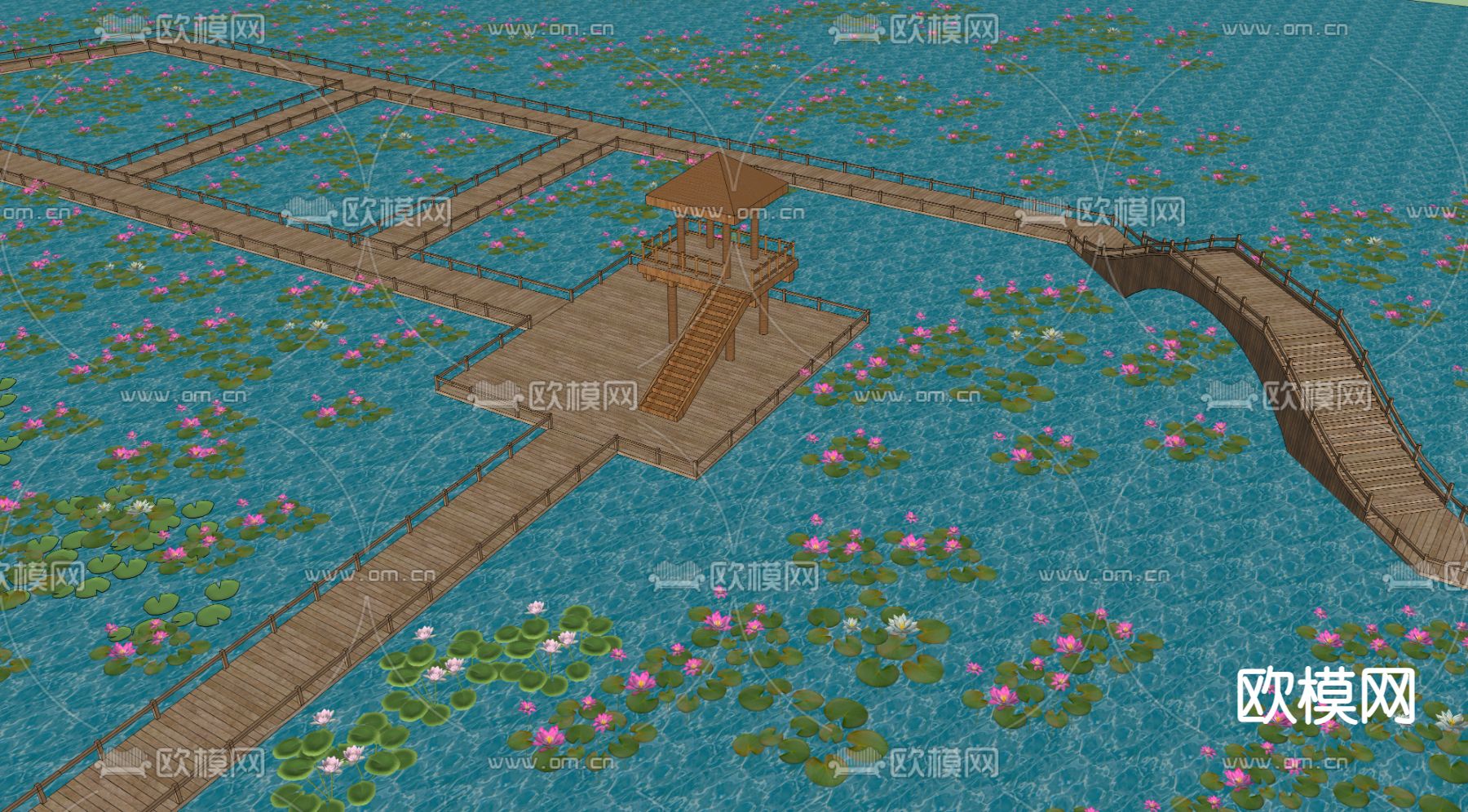 中式滨水栈道 荷花塘 荷花池su模型下载（渲染图3）
