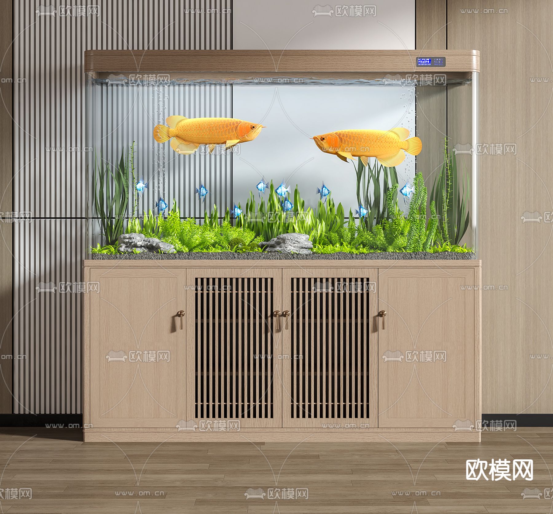 新中式鱼缸 水族箱3d模型下载_ID14196323_3dmax免费模型-欧模网