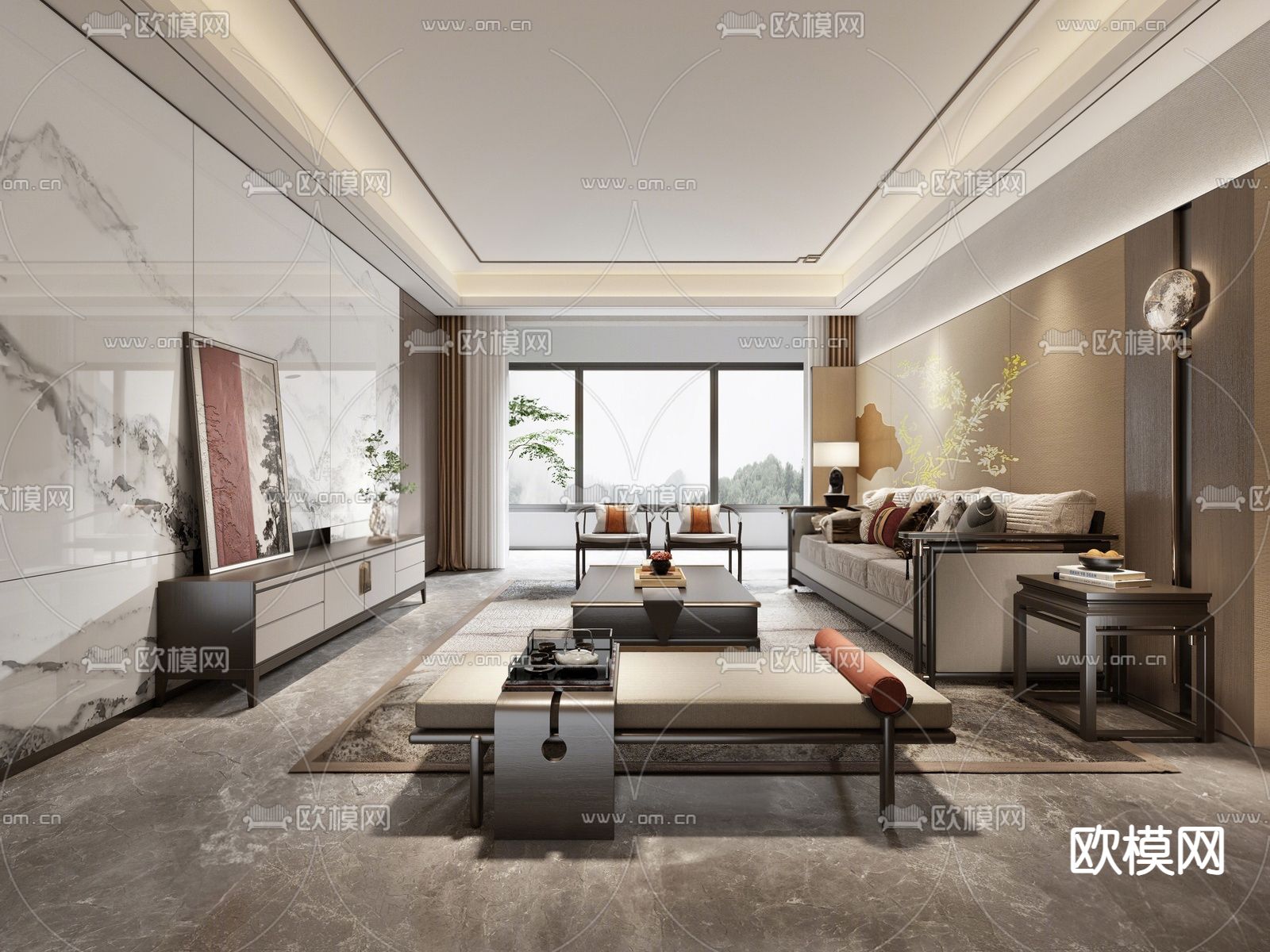 新中式客餐厅su模型下载（渲染图1）