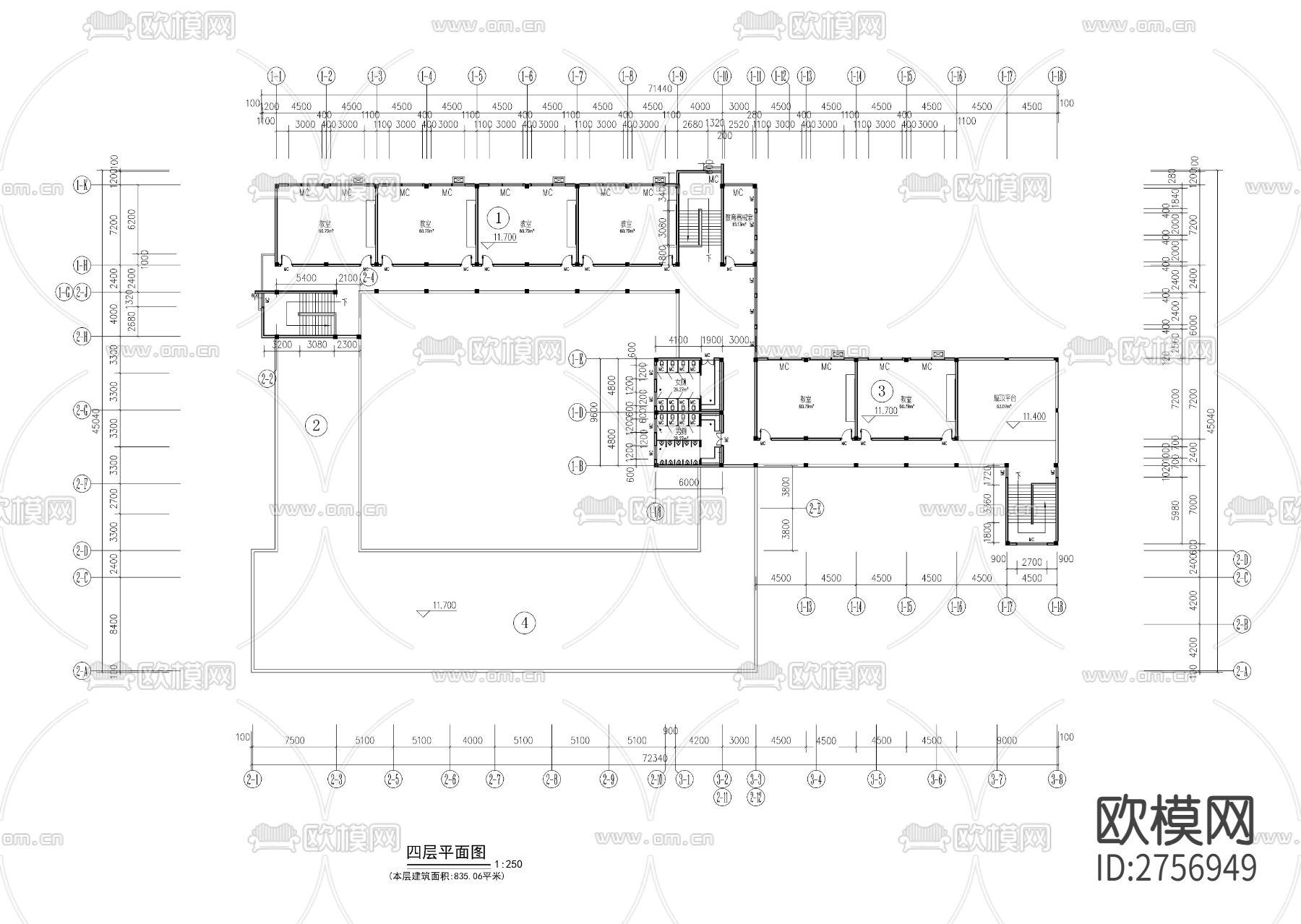 合院型小学教学楼加风雨操场建筑CAD施工图下载（渲染图6）