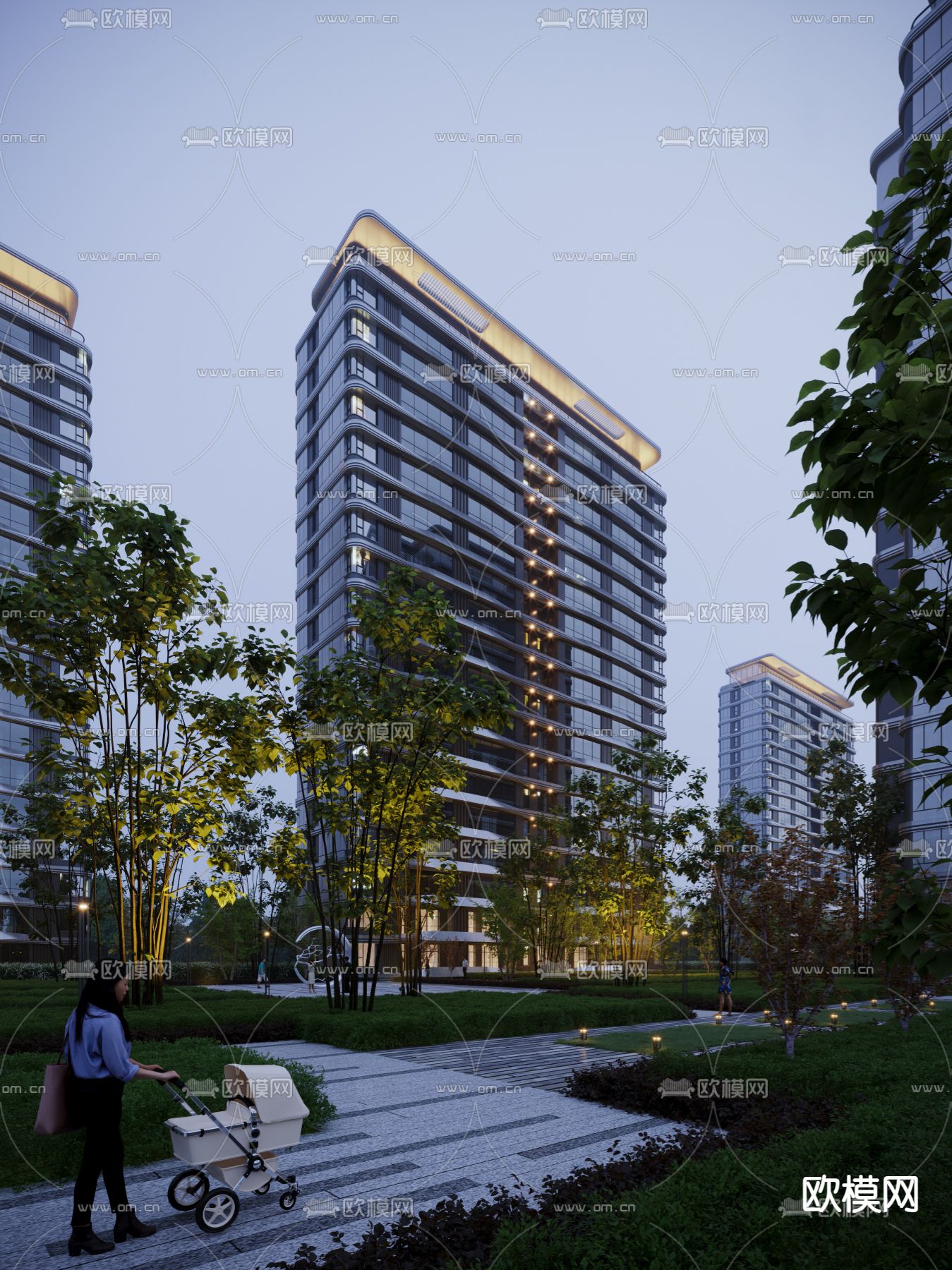 住宅楼夜景3d模型下载_ID14195974_3dmax免费模型-欧模网