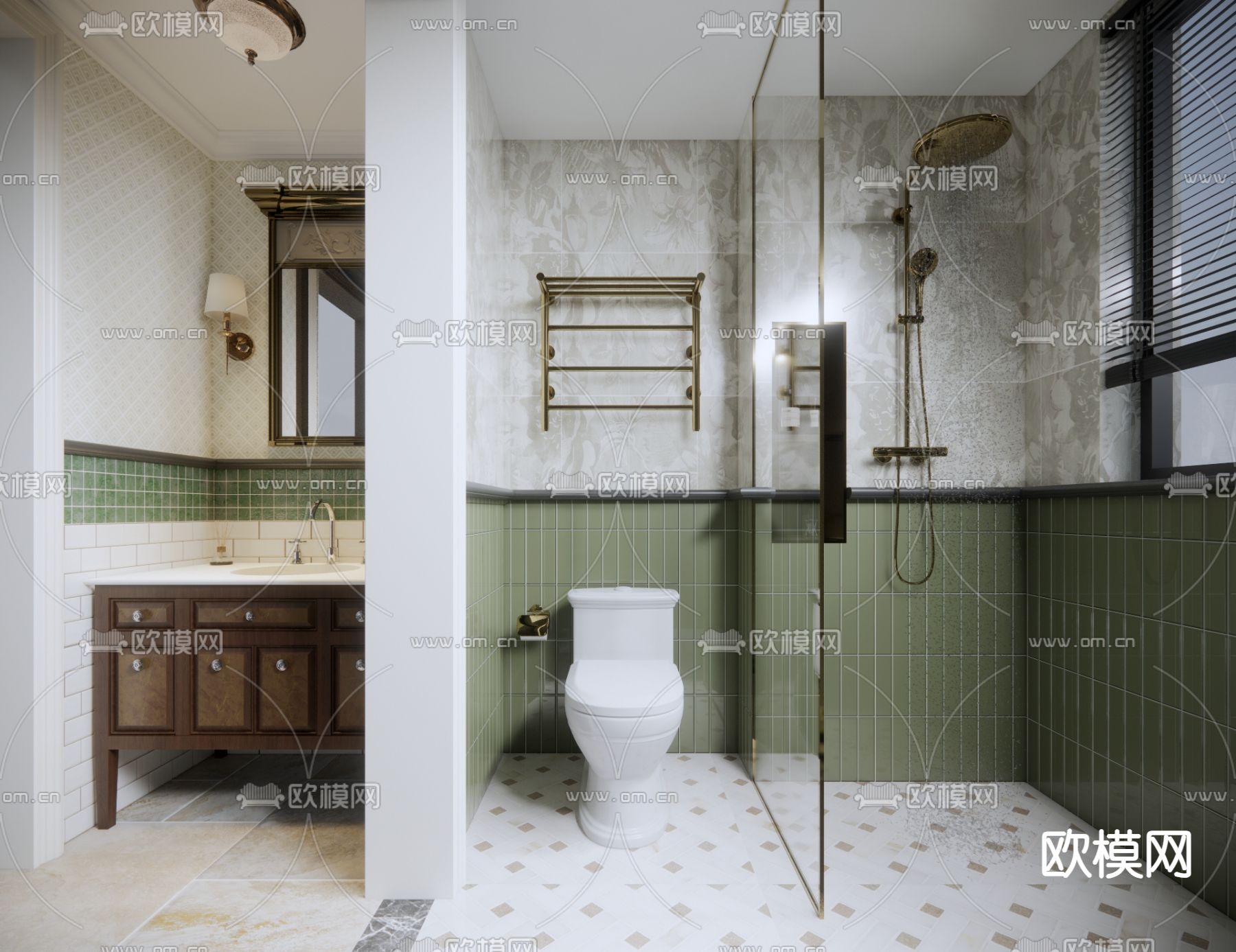 中古风卫生间 浴室su模型下载（渲染图1）