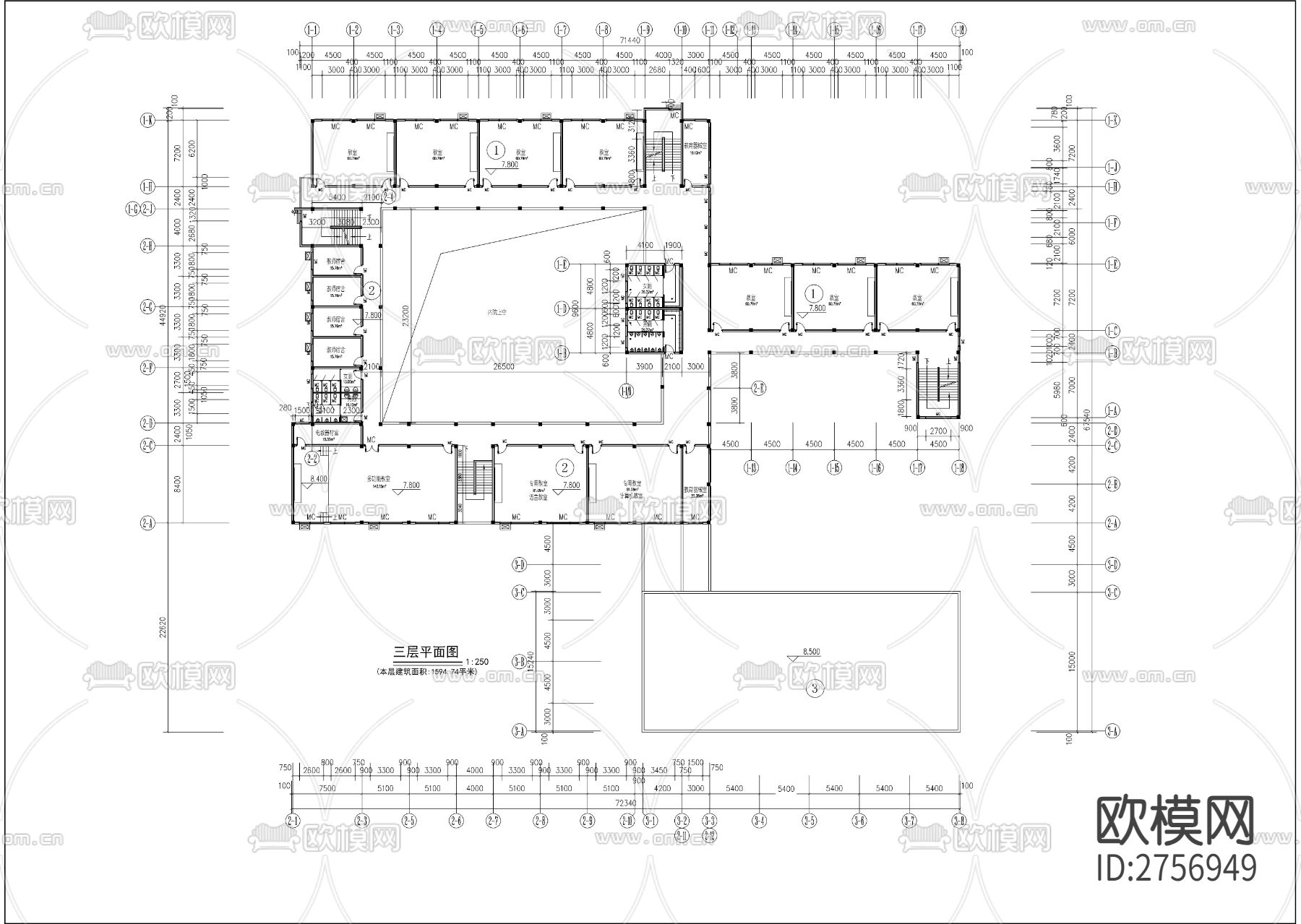 合院型小学教学楼加风雨操场建筑CAD施工图下载（渲染图5）
