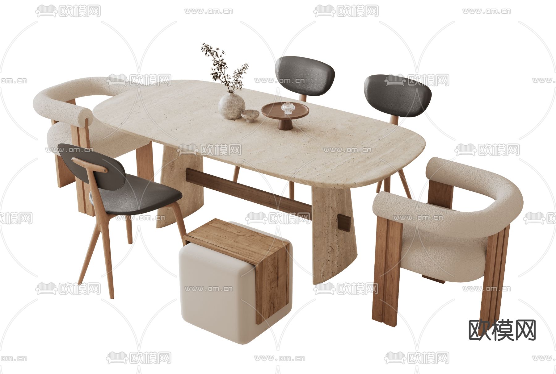 侘寂餐桌椅 椭圆餐桌3d模型下载