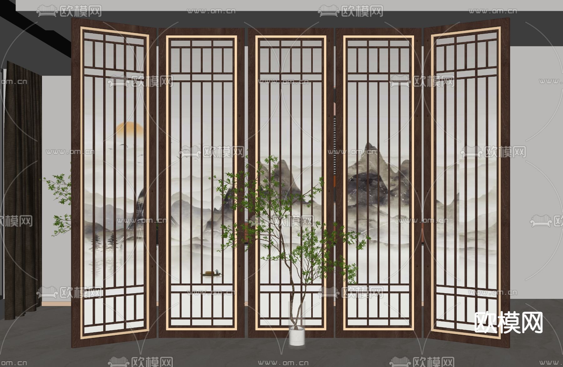 新中式屏风 隔断su模型下载（渲染图2）