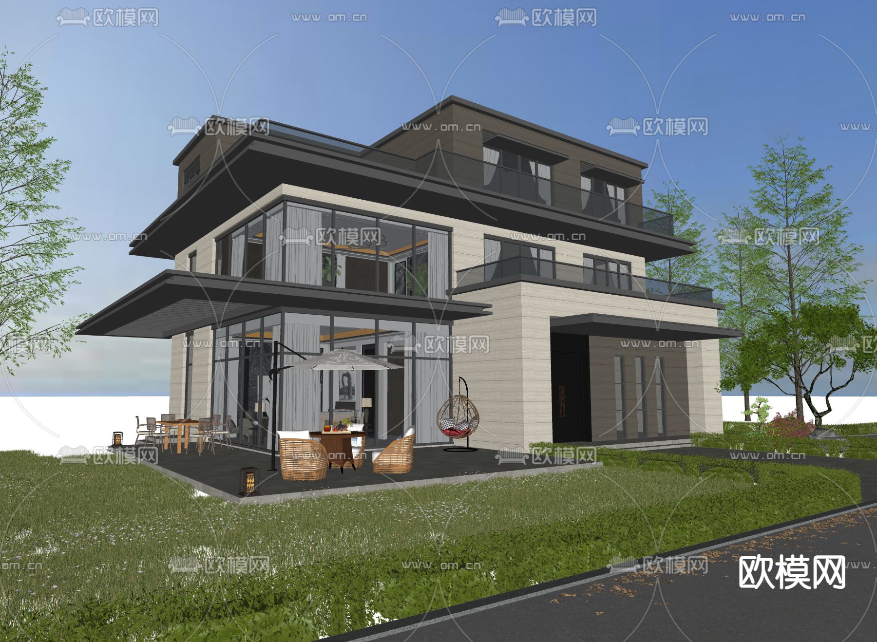 现代独栋别墅su模型下载（渲染图2）