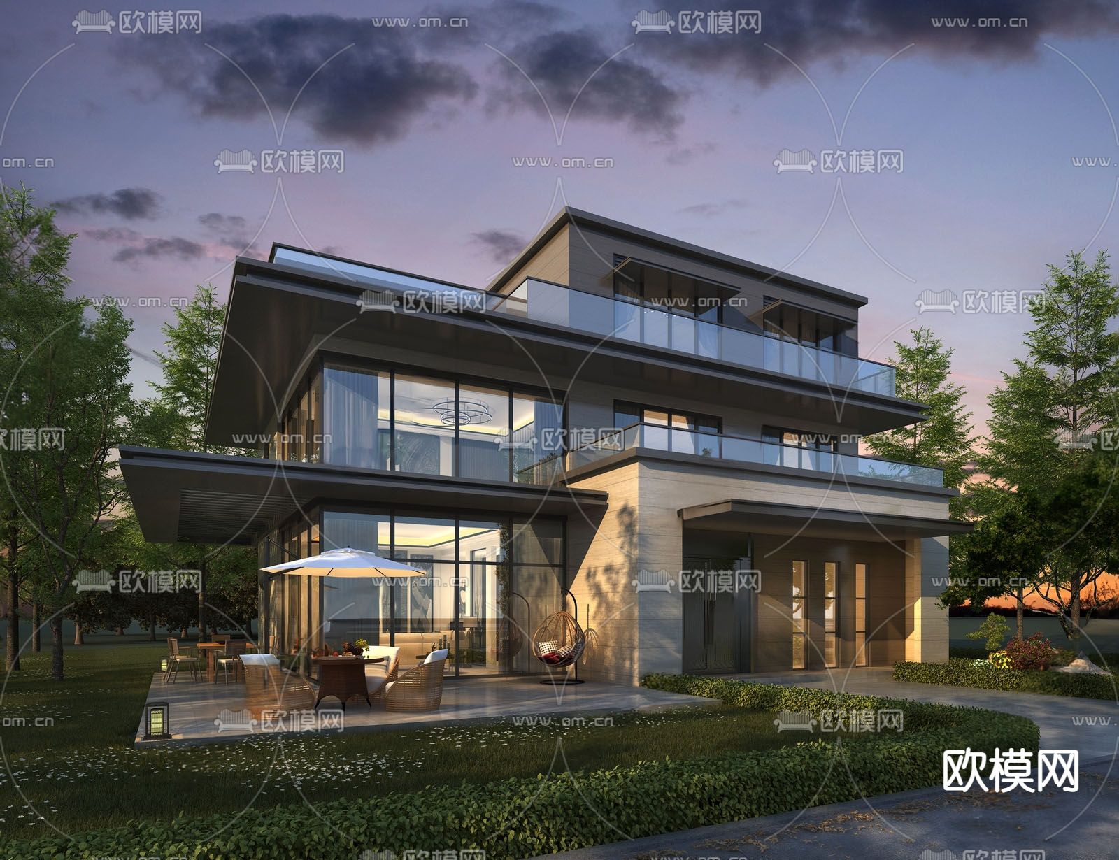 现代独栋别墅su模型下载（渲染图1）