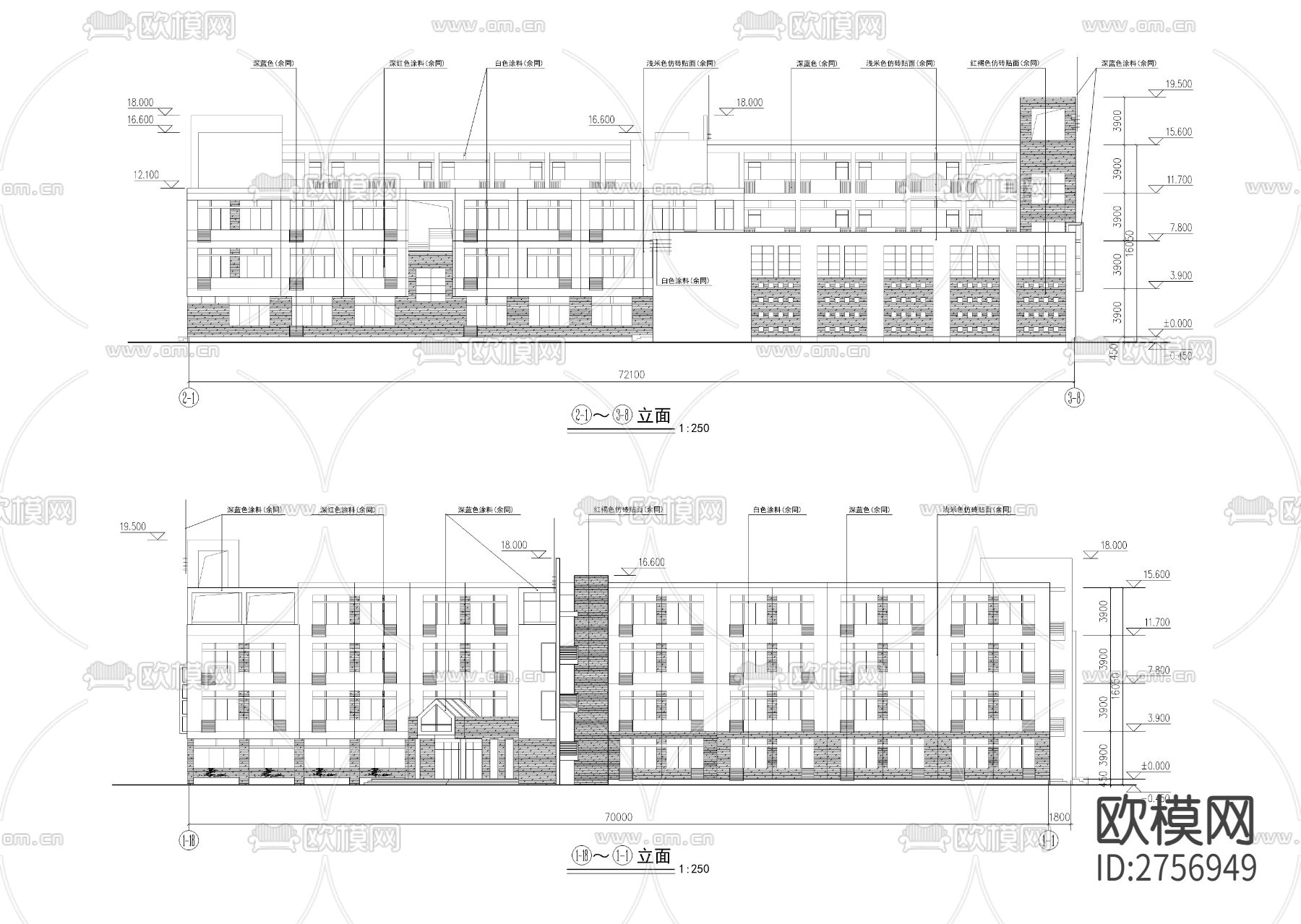 合院型小学教学楼加风雨操场建筑CAD施工图下载（渲染图1）