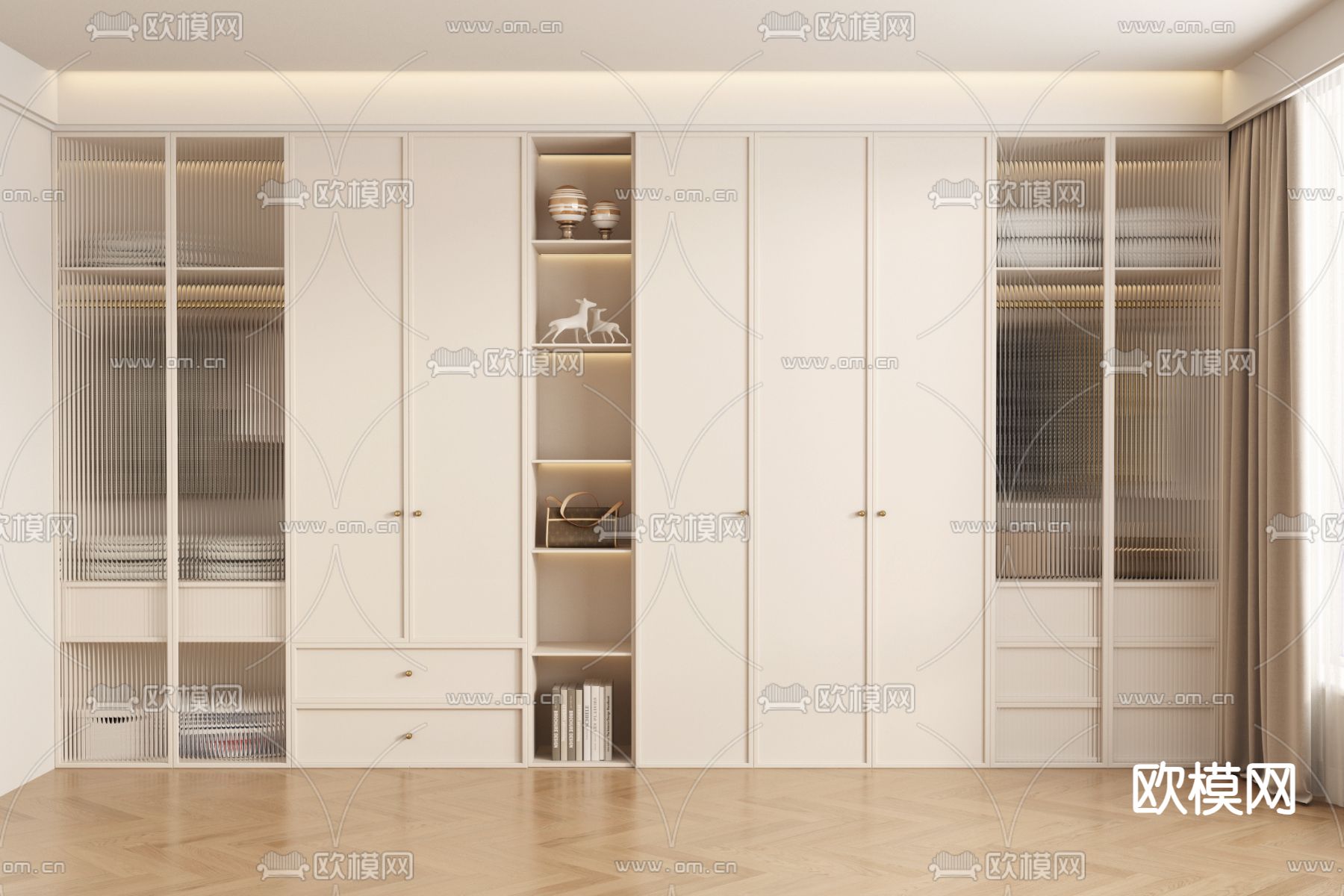 奶油风衣柜su模型下载（渲染图1）