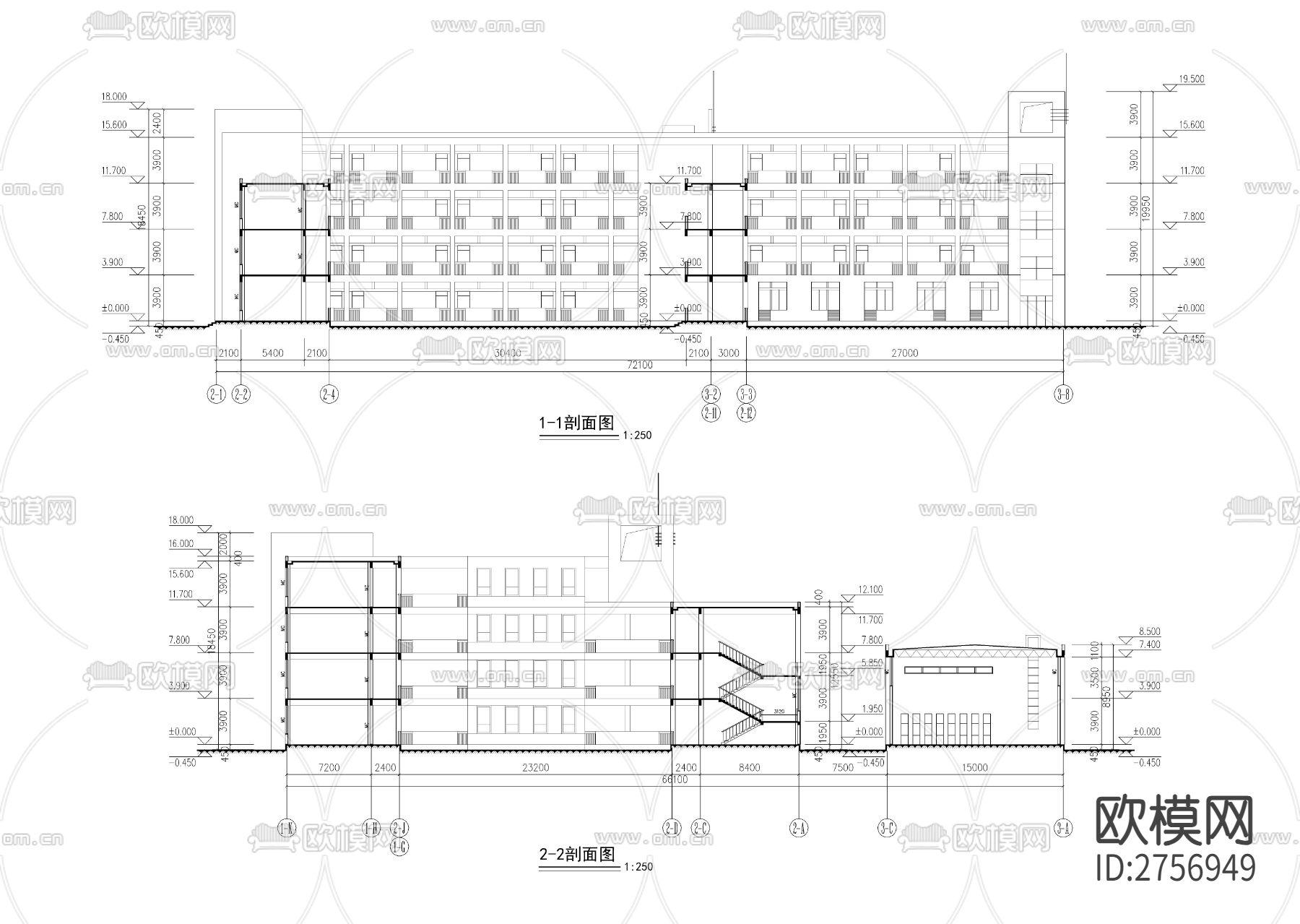 合院型小学教学楼加风雨操场建筑CAD施工图下载（渲染图8）